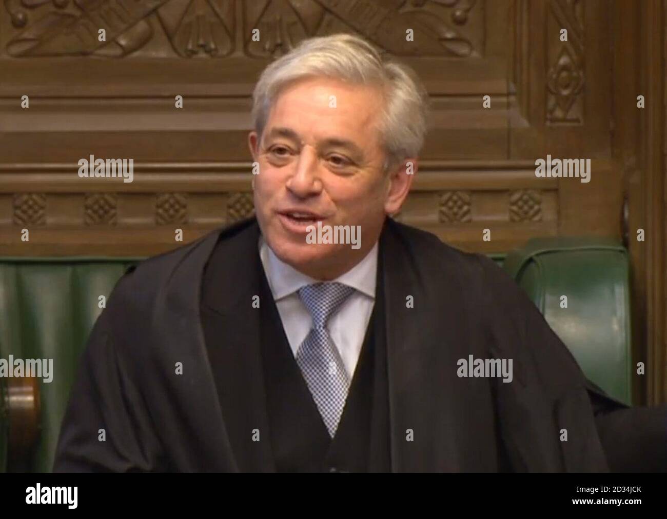 Speaker John Bercow interjects as Rebecca Pow raises a point during Prime Minister's Questions in the House of Commons, London, as the Conservative MP for Taunton Deane prompted howls of laughter from fellow MPs as she speculated over the speaker's shower habits. Stock Photo