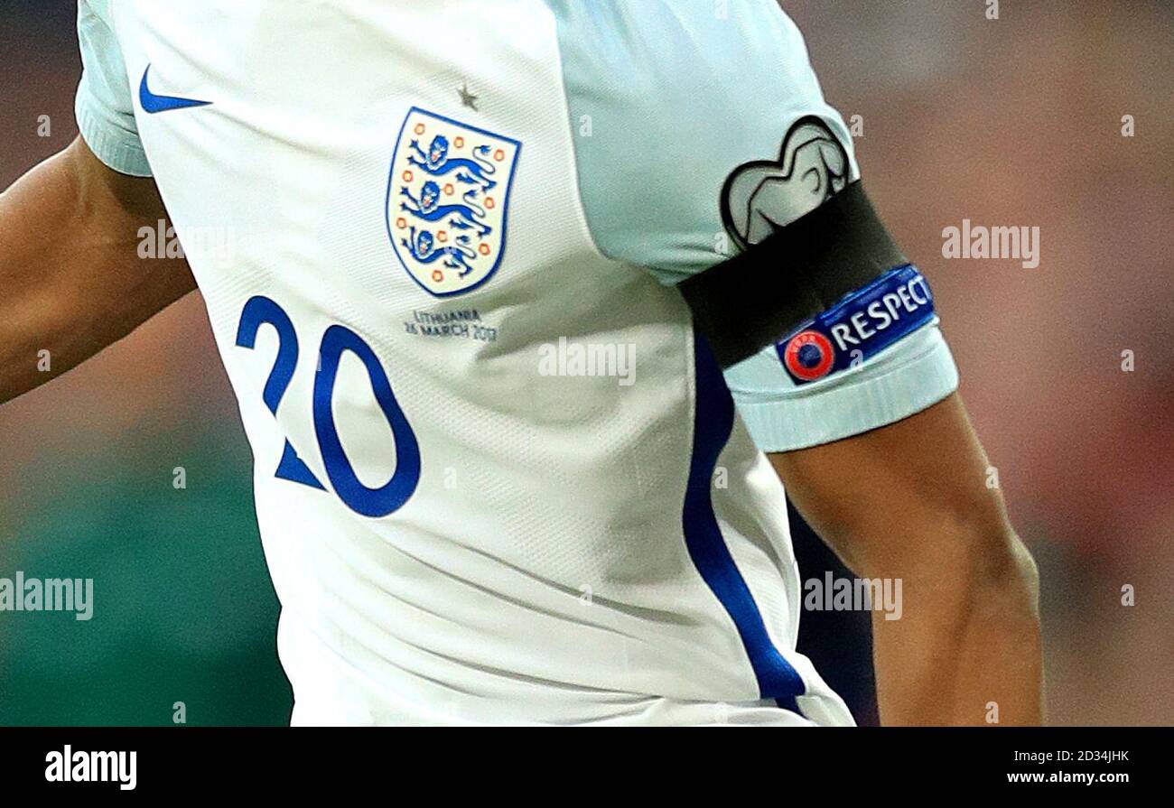 A view of a black armband worn by England's Marcus Rashford during the
