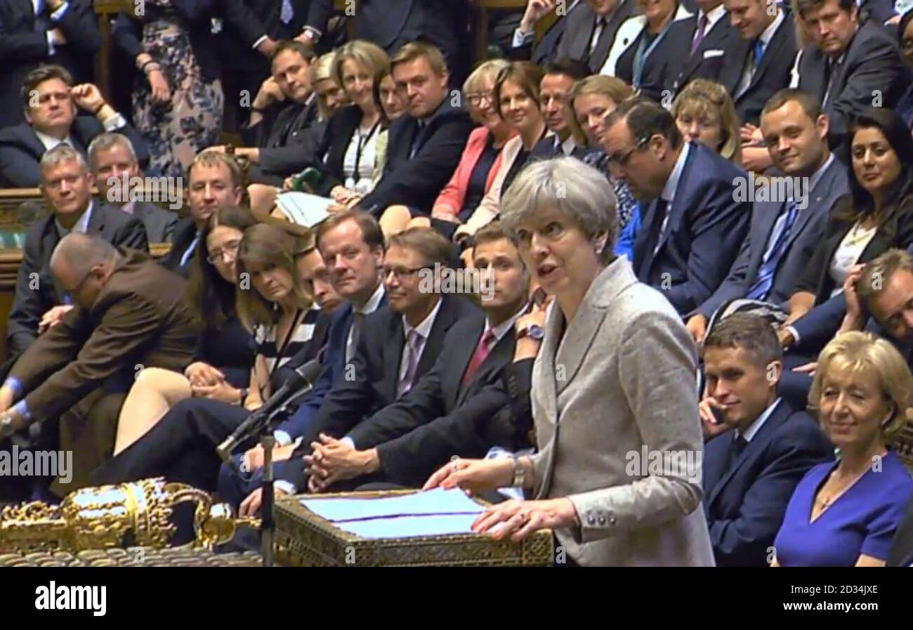 Prime Minister Theresa May speaking in the House of Commons, London, during its first sitting since the election. Stock Photo