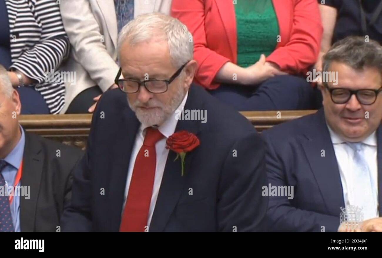 Labour leader Jeremy Corbyn speaking in the House of Commons, London, during its first sitting since the election. Stock Photo