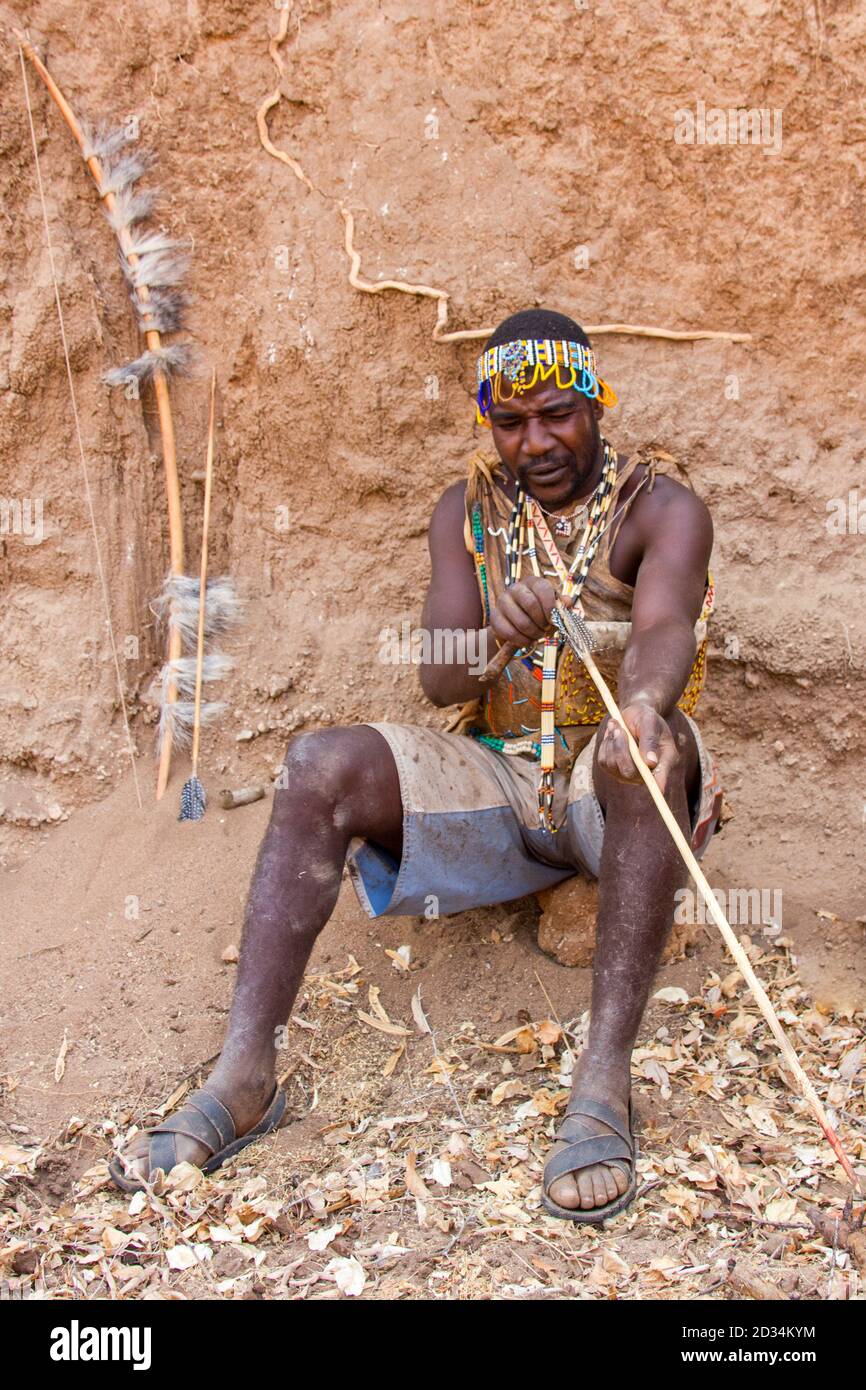 Portrait of a Hadza hunter. The Hadza, or Hadzabe, are an ethnic group in north-central tanzania, living around Lake Eyasi in the Central Rift Valley Stock Photo