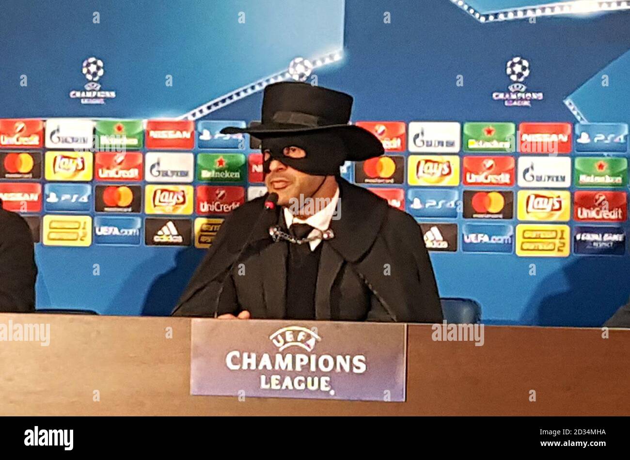 Shakthtar Donetsk manager Paulo Fonseca dressed as 'Zorro' during a press conference after his team's victory in the Champions League group F match against Manchester City at the Metalist Stadium in Kharkiv, Ukraine. PRESS ASSOCIATION Photo. Picture date: Wednesday December 6, 2017. The Shakhtar boss fulfilled a promise he had made if the Ukrainian champions reached the knockout stage of the Champions League. Photo credit should read: Andy Hampson/PA Wire Stock Photo