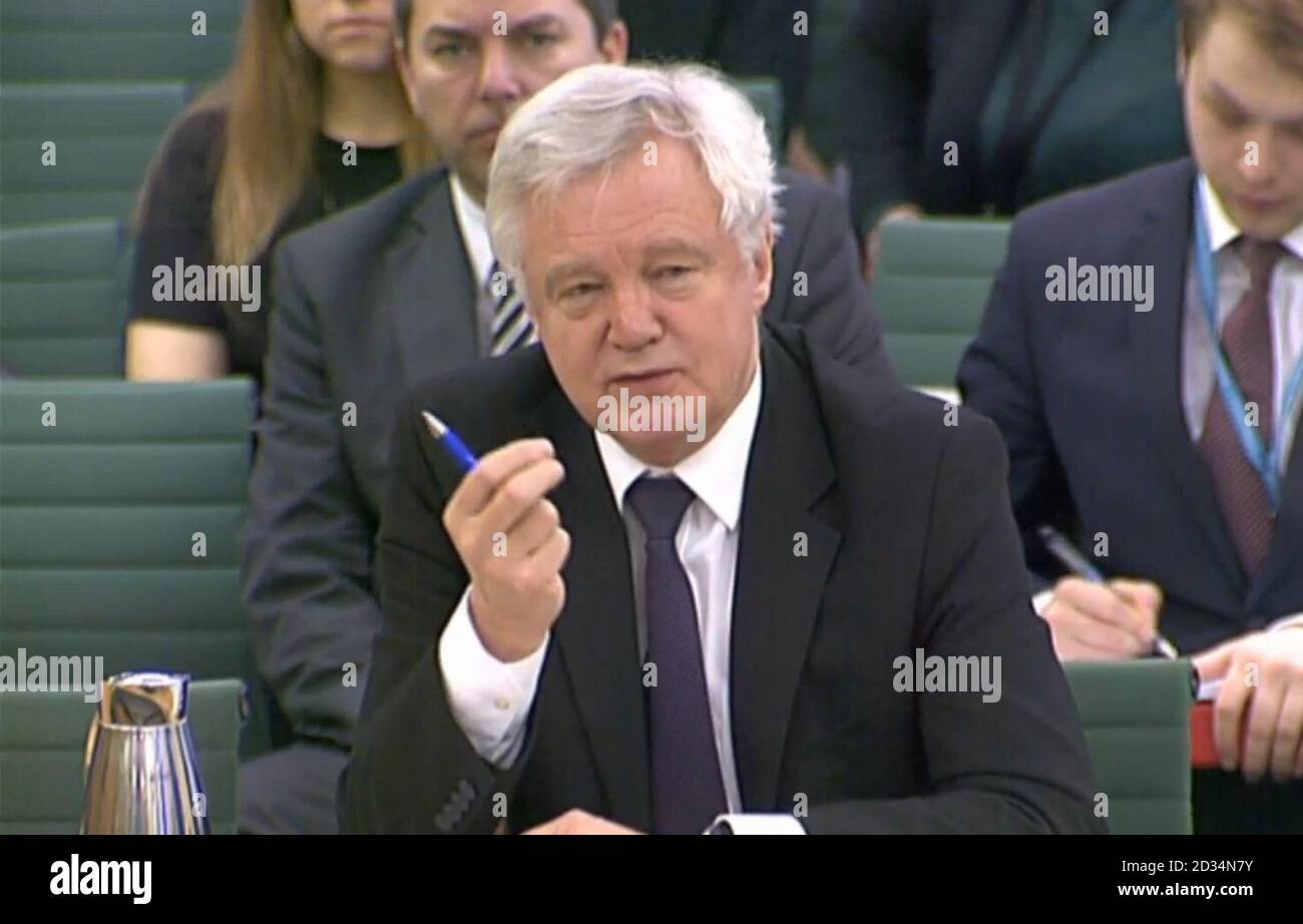 Brexit Secretary David Davis gives evidence on developments in European Union divorce talks to the Commons Exiting the EU Committee in Portcullis House, London. Stock Photo