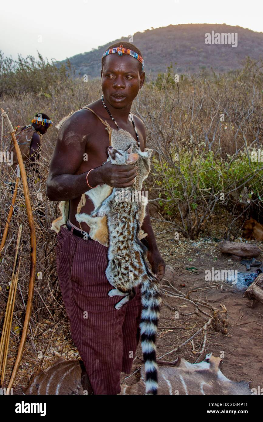 Portrait of a Hadza hunter. The Hadza, or Hadzabe, are an ethnic group in north-central tanzania, living around Lake Eyasi in the Central Rift Valley Stock Photo