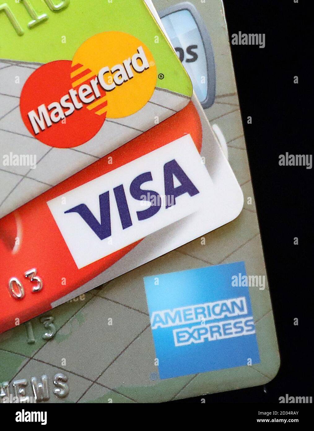 General view of a Mastercard, American Express and Visa card Stock Photo
