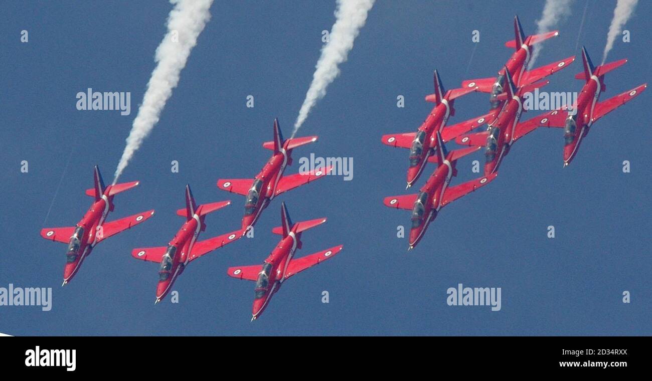 Red Arrows during their display at Farnborough Airshow. Stock Photo
