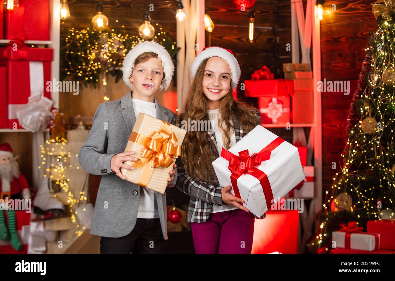 seasonal discount. Friends giving gifts to each other. Christmas