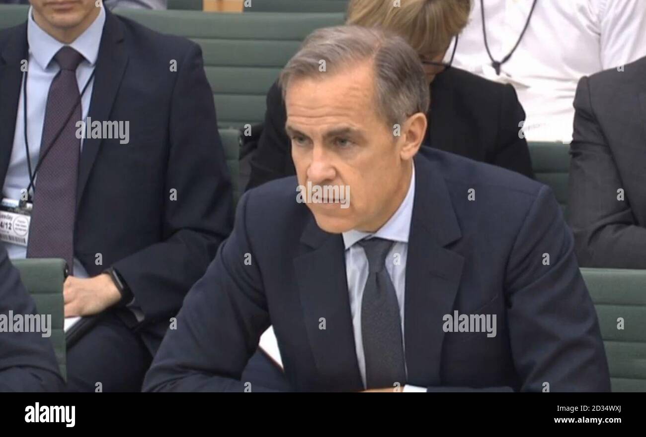Governor of the Bank of England Mark Carney appearing before the Treasury Select Committee at the House of Commons, London, where he said that shopping bills could surge by up to 10% if the UK crashed out of the EU. Stock Photo