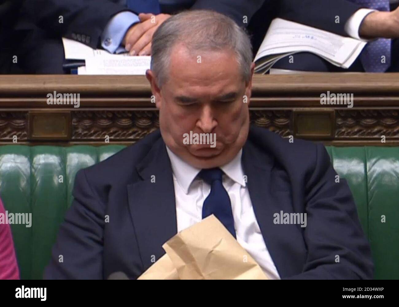 Attorney General Geoffrey Cox sits in the House of Commons after MPs approved a motion which finds ministers in contempt of Parliament and orders the immediate publication of the 'final and full' legal advice on the Brexit deal. Stock Photo