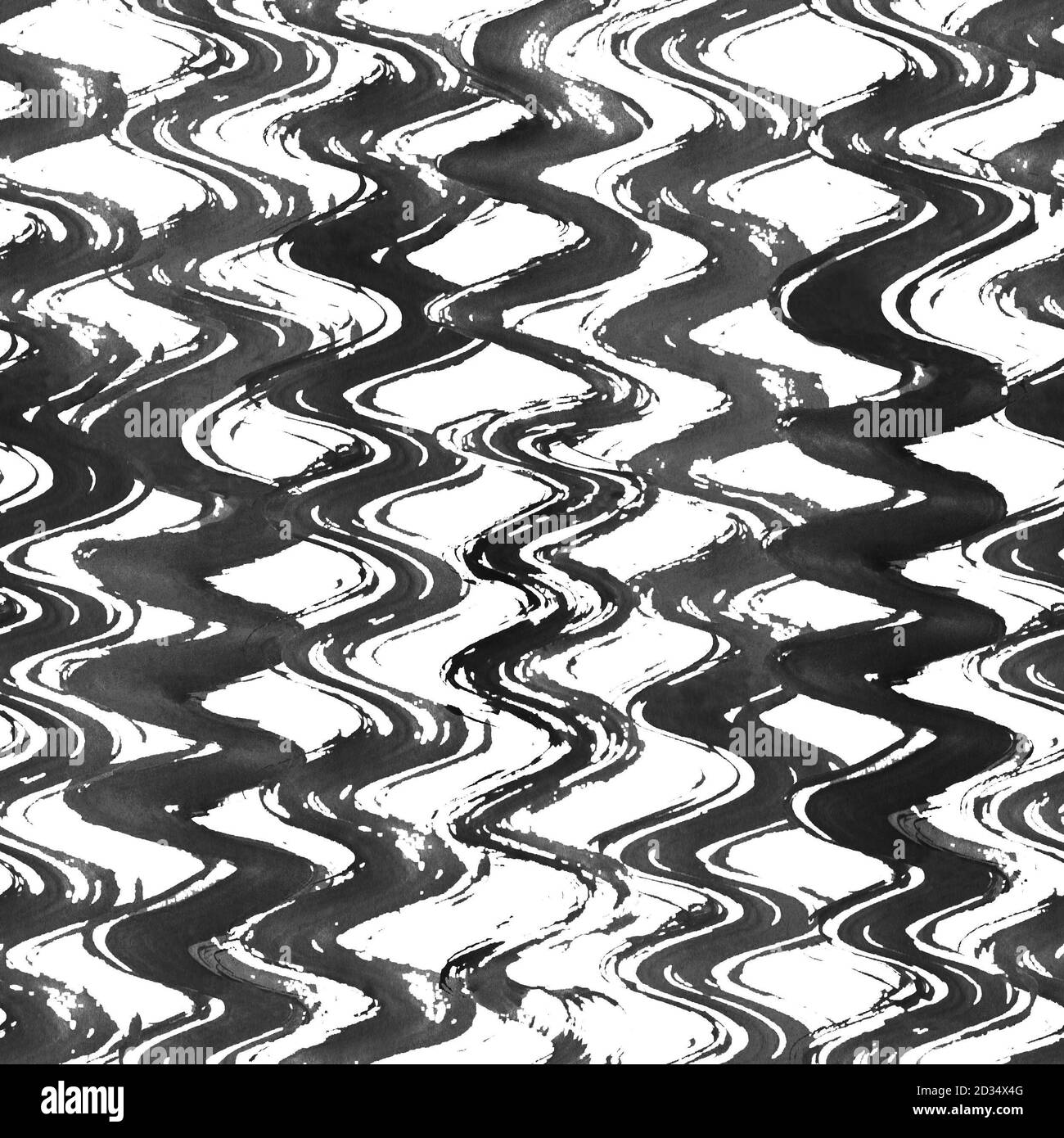 Watercolor hand drawn wavy striped seamless pattern. Grunge black and ...