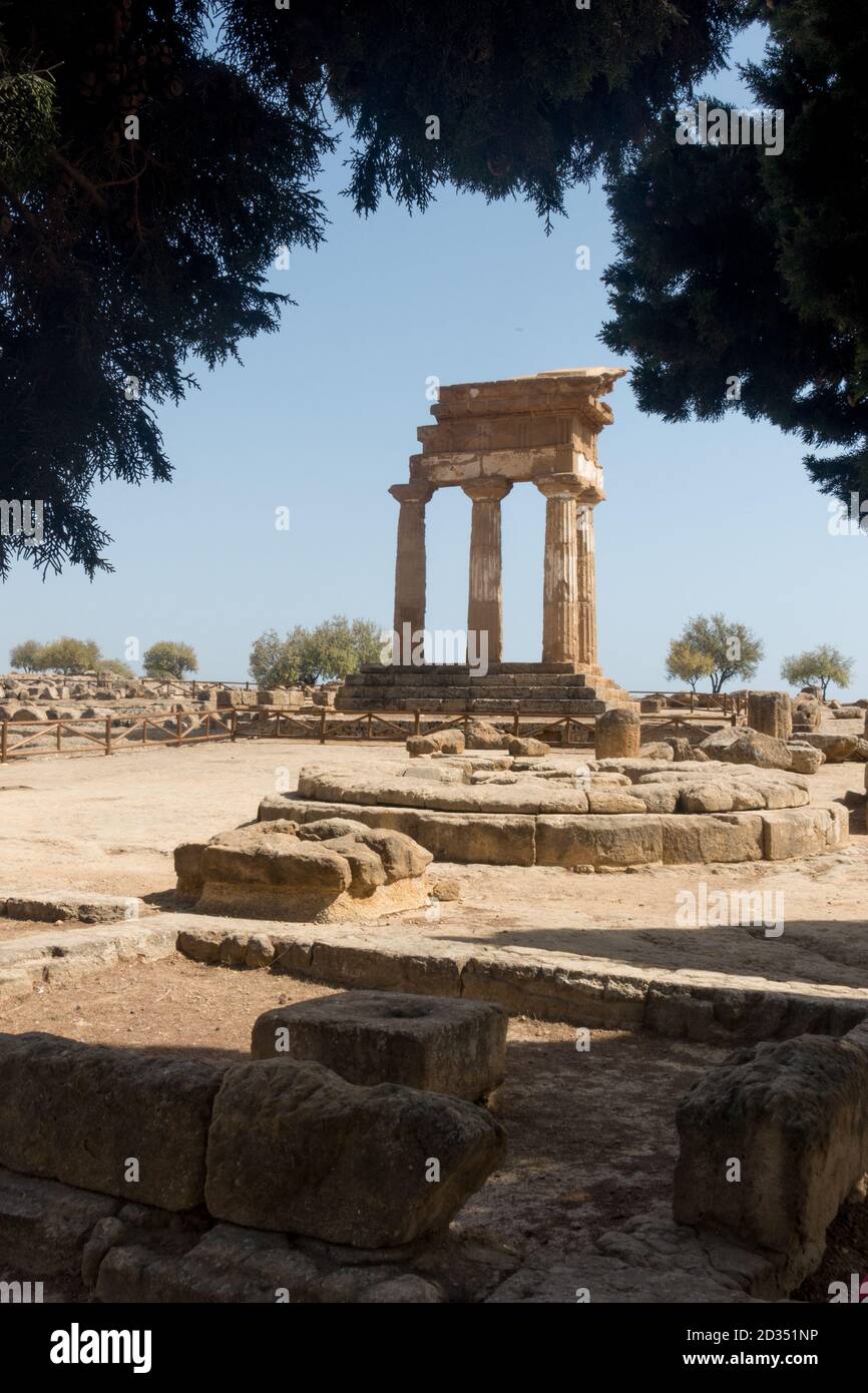 The Valley of the Temples, Temple of Castor and Pollux, agrigento Sicily. According to tradition, this small temple is called the Temple of the Dioscu Stock Photo