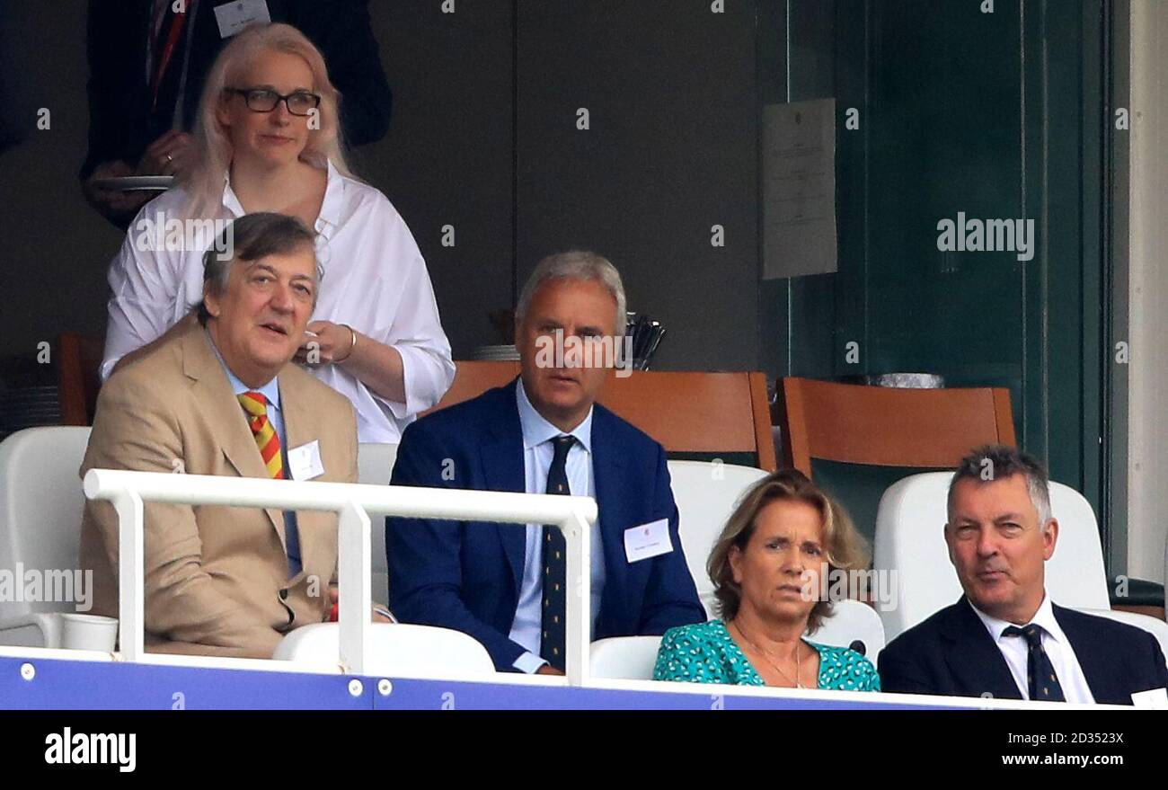 Stephen Fry (left) in stands during the ICC Cricket World Cup group ...