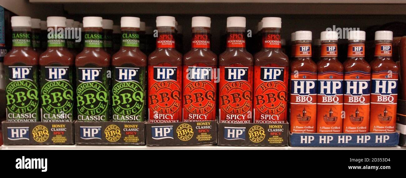 Bottles of HP Sauce on the shelf of a west London supermarket. Stock Photo