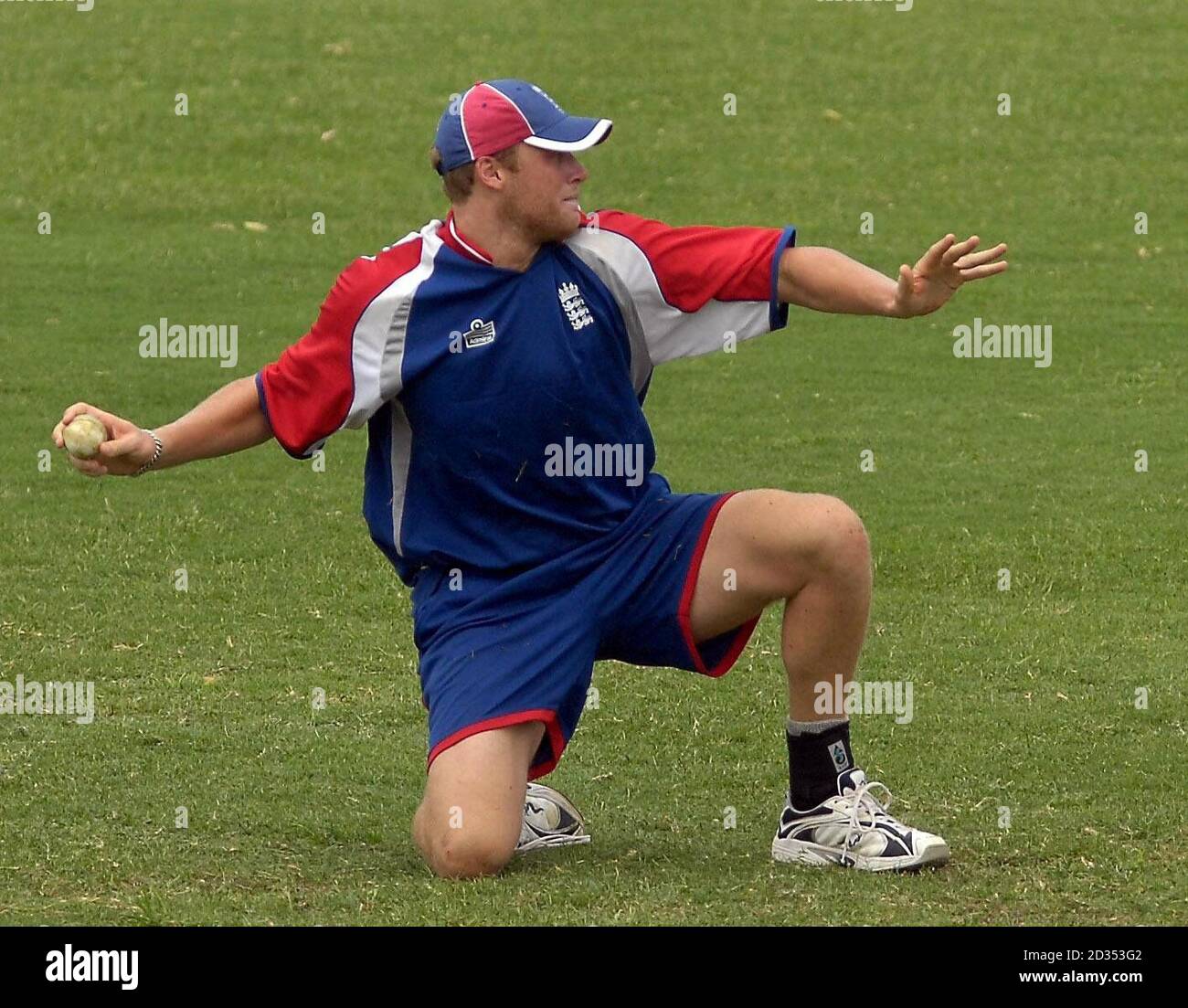 England's Andrew Flintoff during a nets practice session at the Beausejour Stadium, Gros Islet, St Lucia. Stock Photo