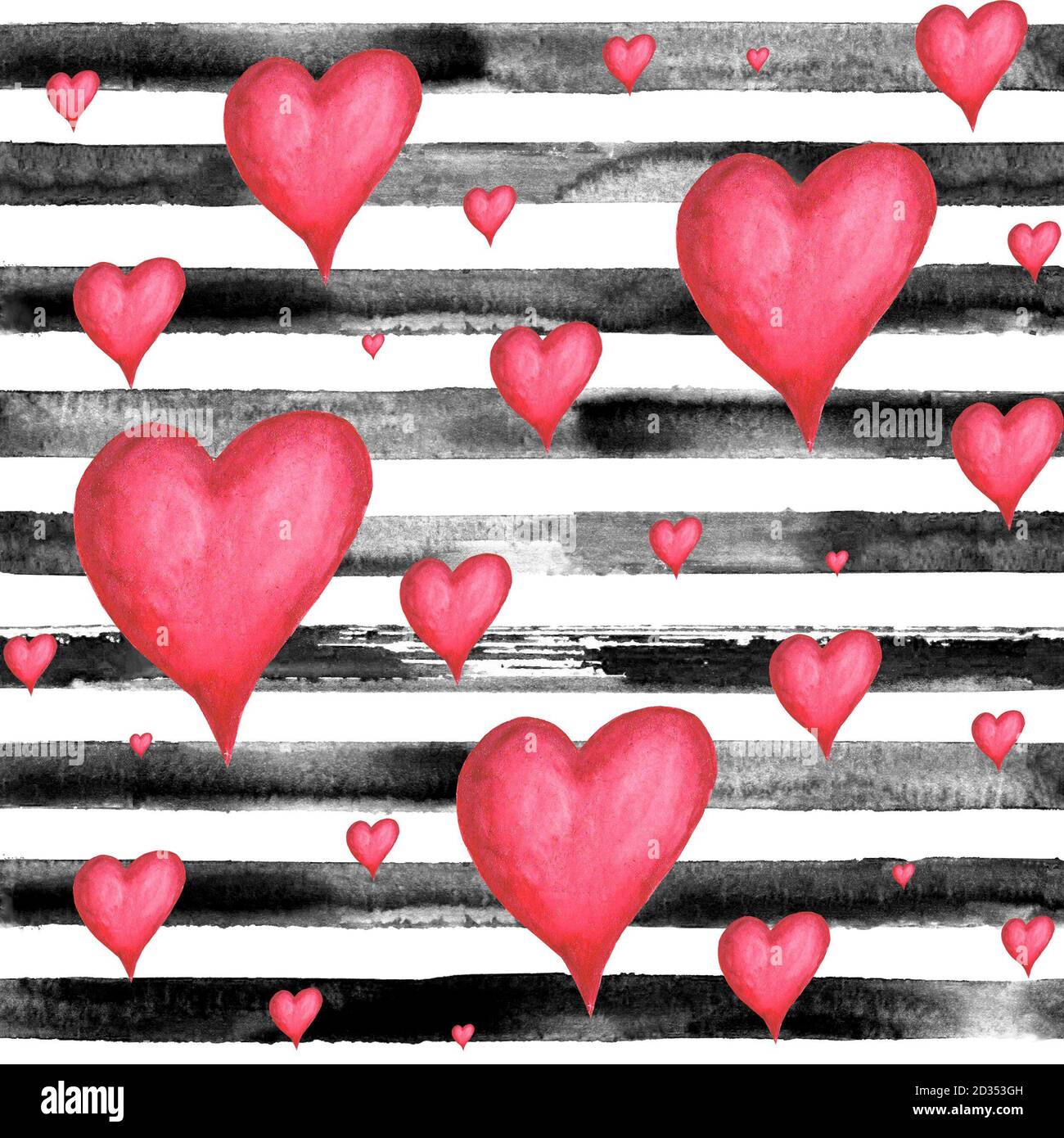 Watercolor hand drawn seamless pattern with black stripes and red ...