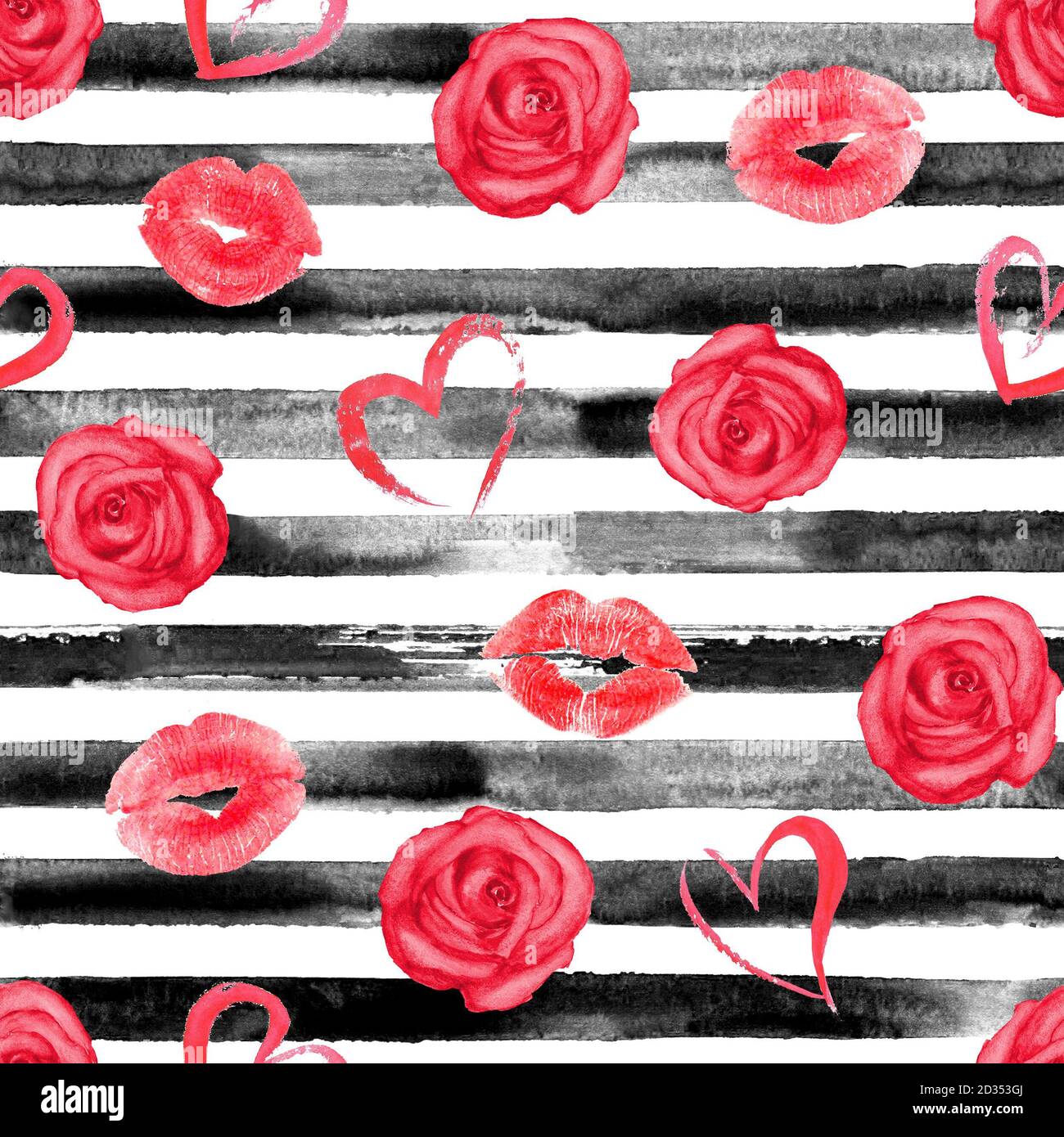 Watercolor hand drawn seamless pattern with black stripes, red roses ...