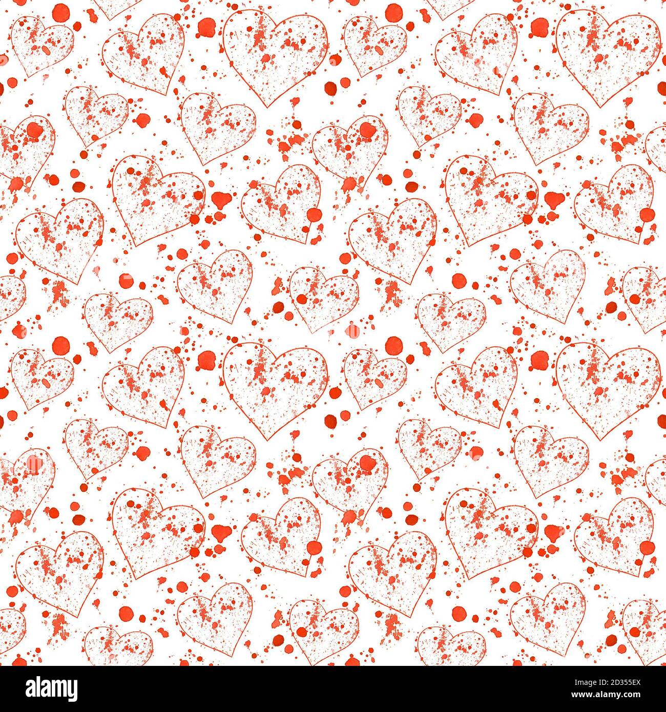 Watercolor hand drawn seamless pattern with red splashes and hearts on ...