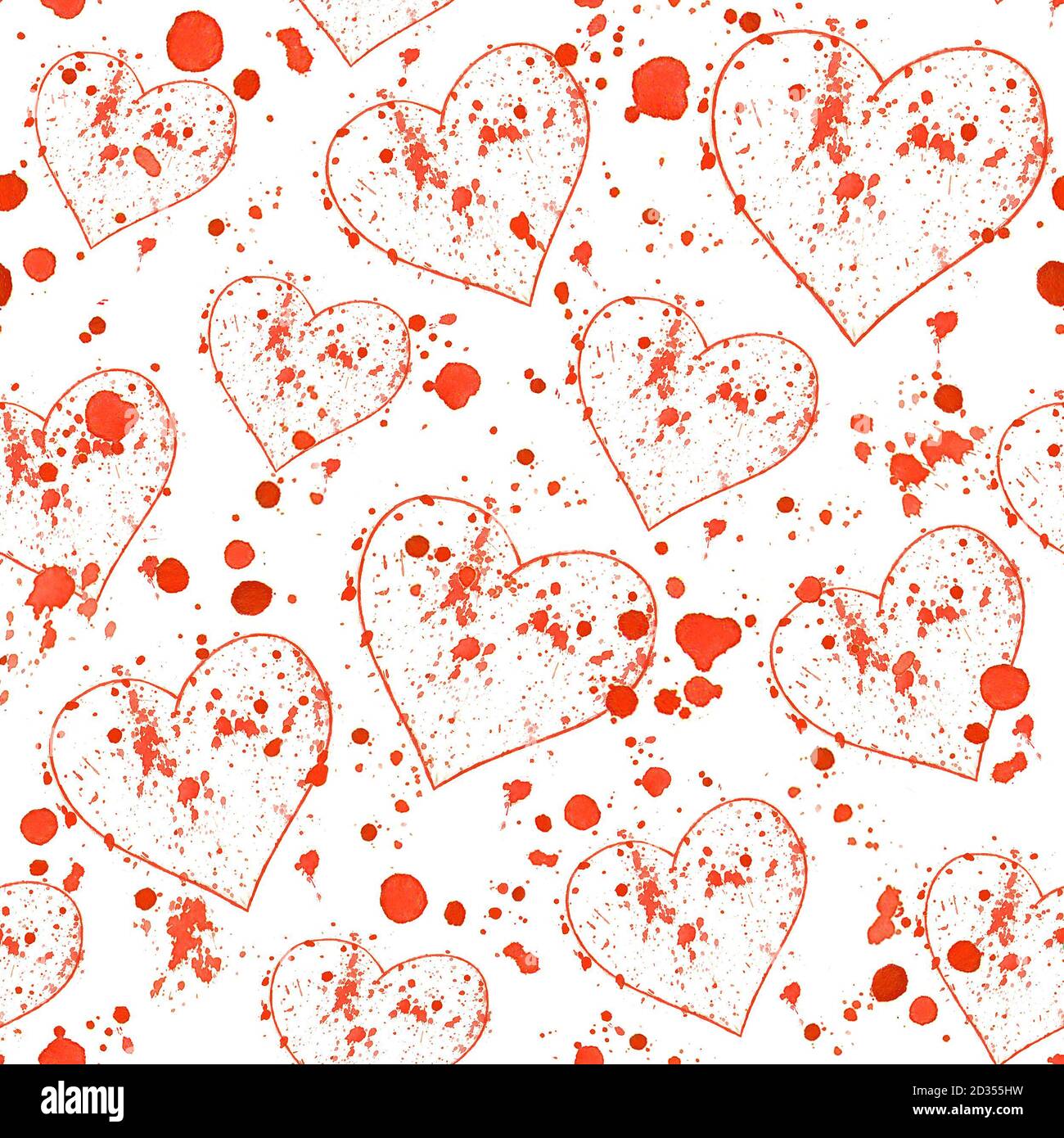 Watercolor hand drawn seamless pattern with red splashes and hearts on ...