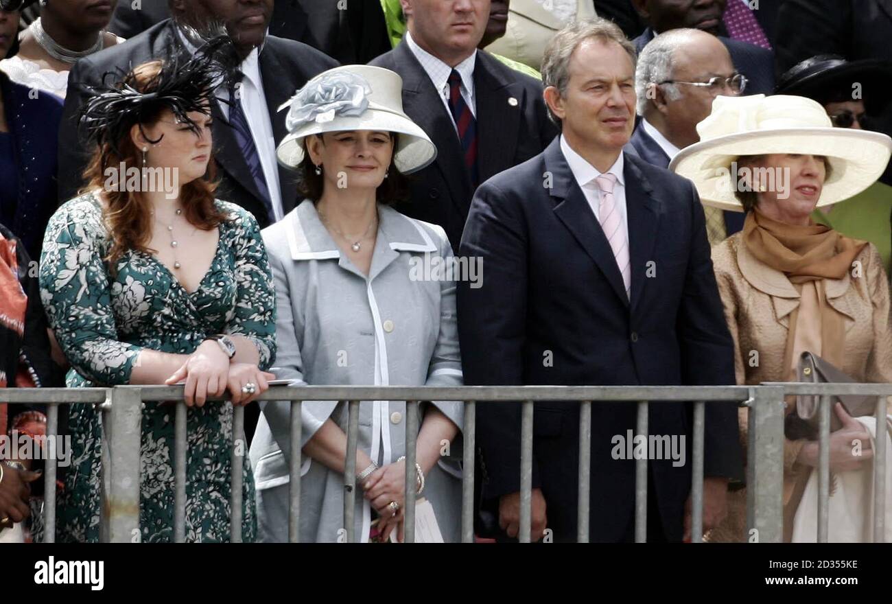 Prime Minister Tony Blair with (L-R) his daughter Kathryn, wife Cherie and Foreign Secretary Margaret Beckett watch the annual Trooping the Colour ceremony. Stock Photo