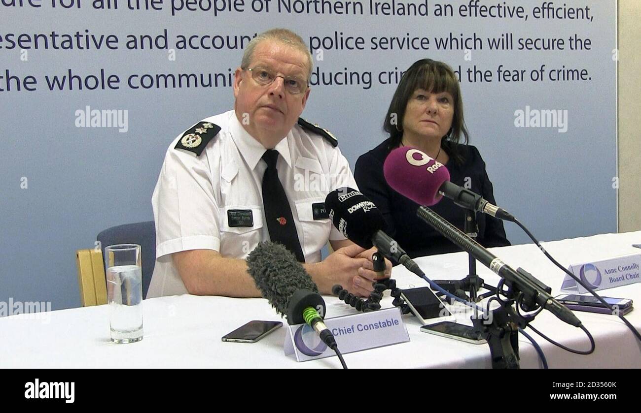 PSNI Chief Constable Simon Byrne and Policing Board chair Anne Connolly at the Policing Board HQ in Belfast, as the chief constable has said police in Northern Ireland are trialling the deployment of unaccompanied officers on the beat. Stock Photo