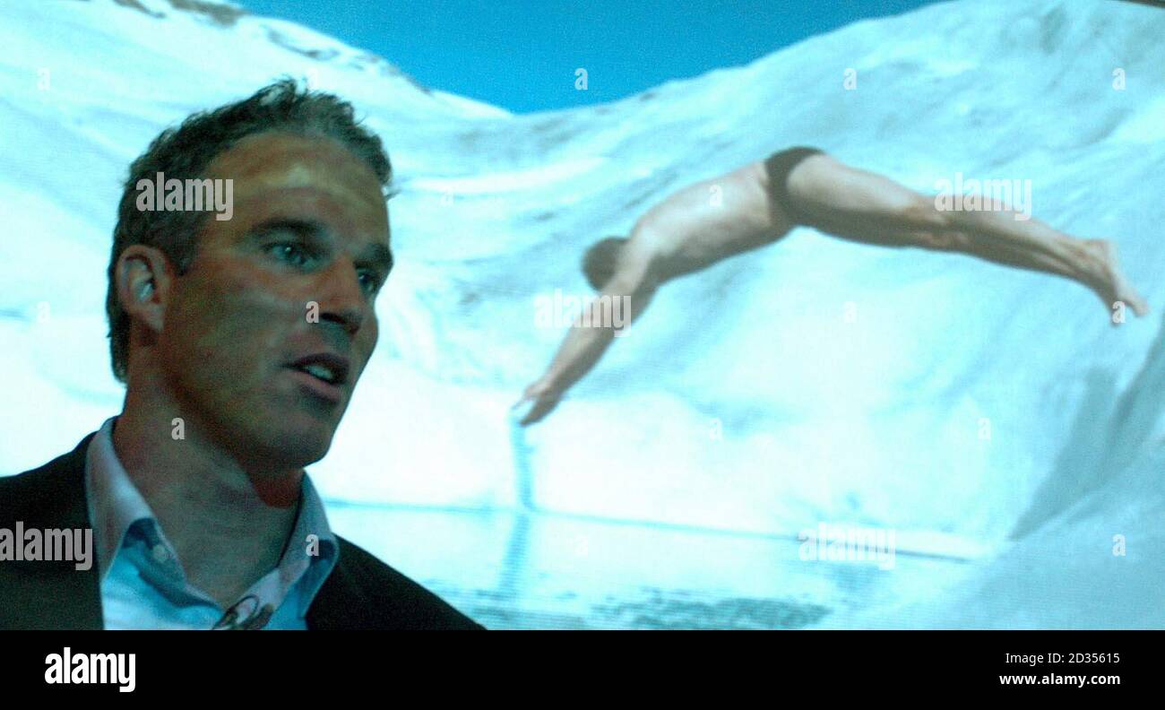British explorer and endurance swimmer Lewis Gordon Pugh addresses a press conference in London, before his attempt to swim 1km swim at the North Pole to raise awareness of the 'devastating effects' of climate change by swimming the coldest waters a human has ever endured. Stock Photo
