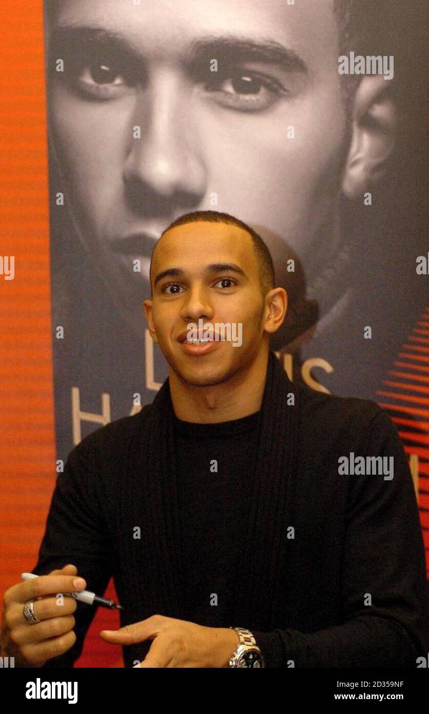 Racing driver Lewis Hamilton attends a book signing for his autobiography, My Story, at Waterstones bookshop in Stevenage. Stock Photo