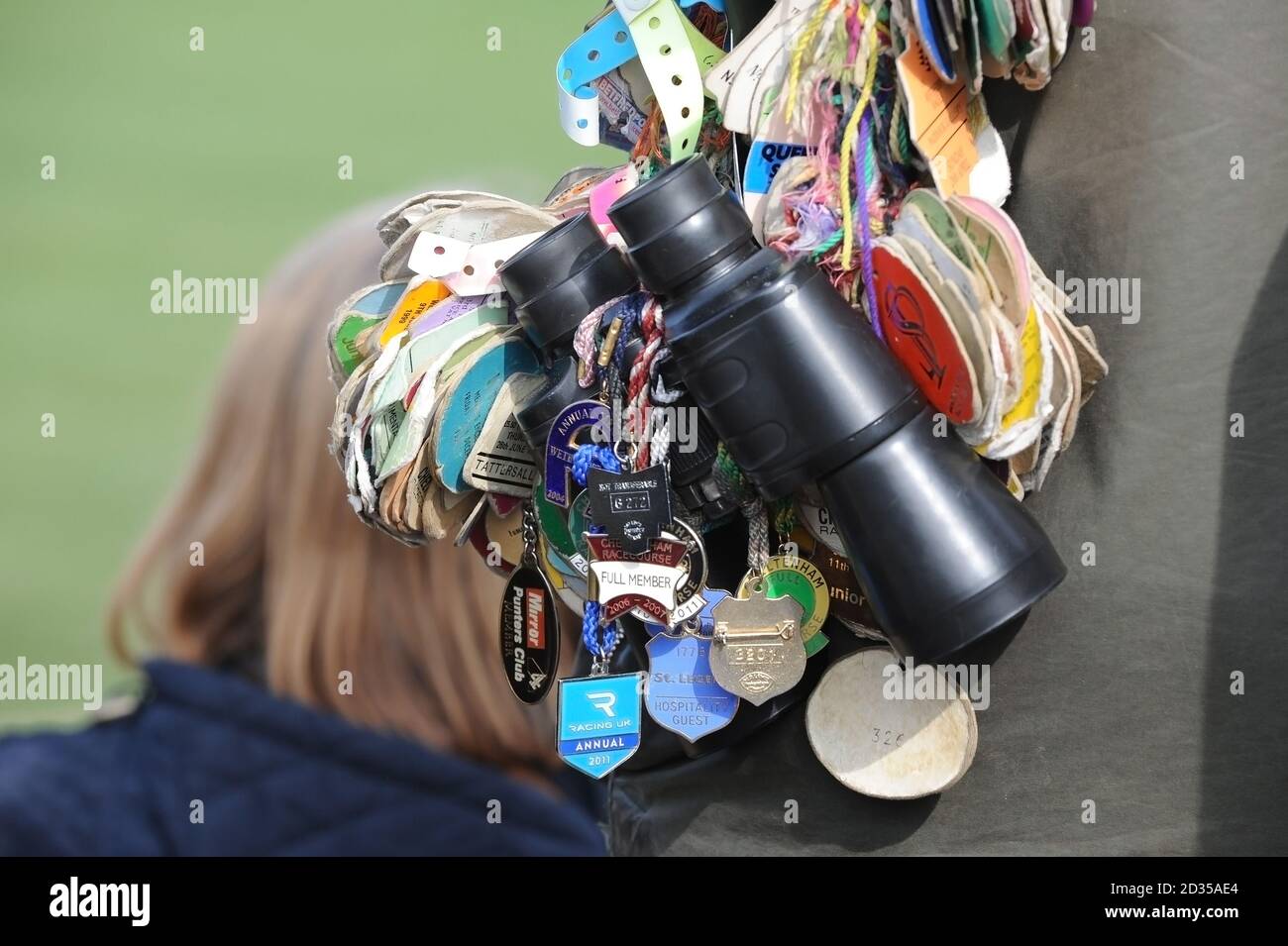 Horse racing in U.K. Racing binoculars and badges Stock Photo