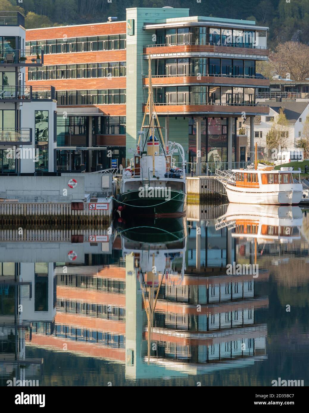 ULSTEINVIK, NORWAY - 2018 MAY 08. Quality Hotel Ulstein with reflection ...