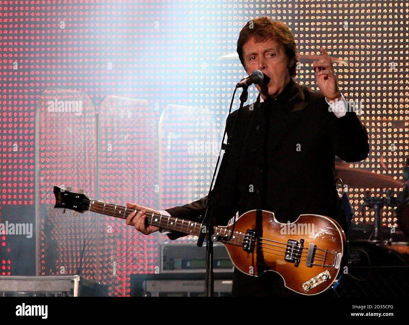 Sir Paul McCartney plays live at Anfield Stadium, Liverpool during the Liverpool Sound Concert as part of the Capital of Culture celebrations. Stock Photo