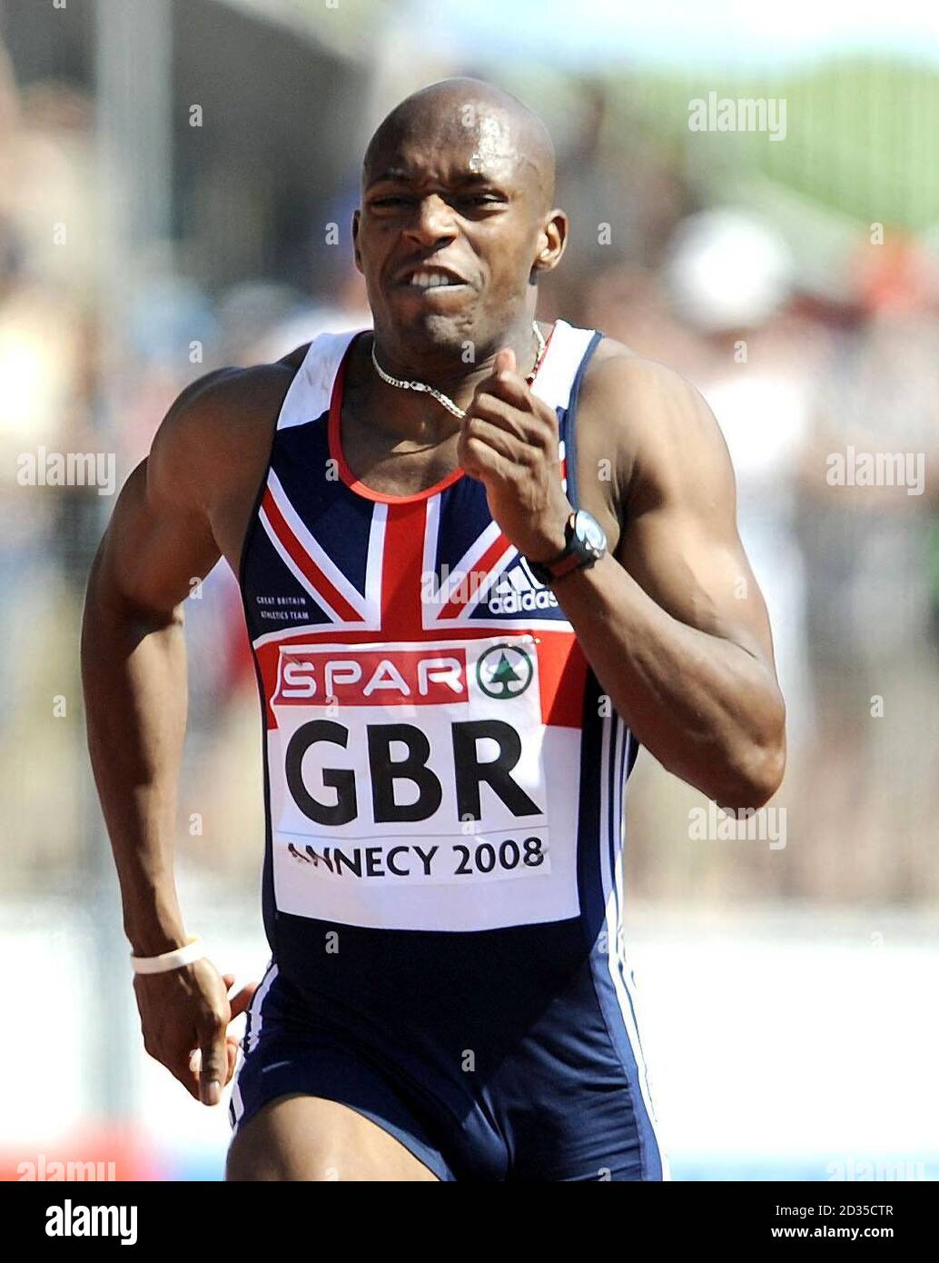 Marlon Devonish of the GB Athletics Team wins the 200m race during the Spar European Cup at Annecy, France. Stock Photo