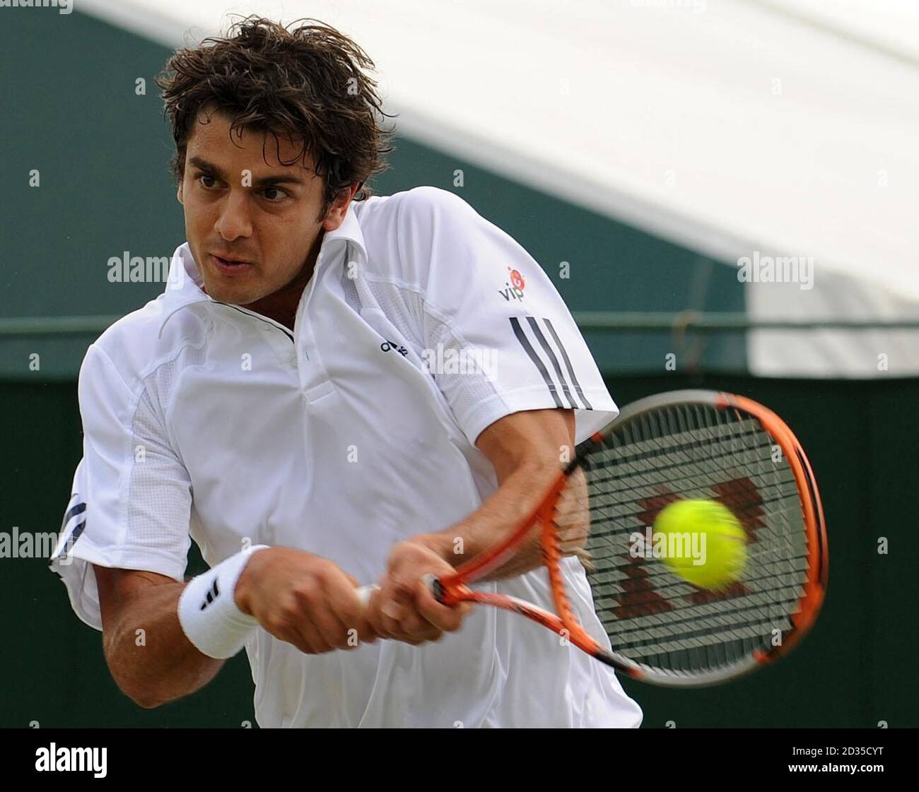 Croatia's Mario Ancic in action against Spain's Fernando Verdasco during the Wimbledon Championships 2008 at the All England tennis Club in Wimbledon. Stock Photo