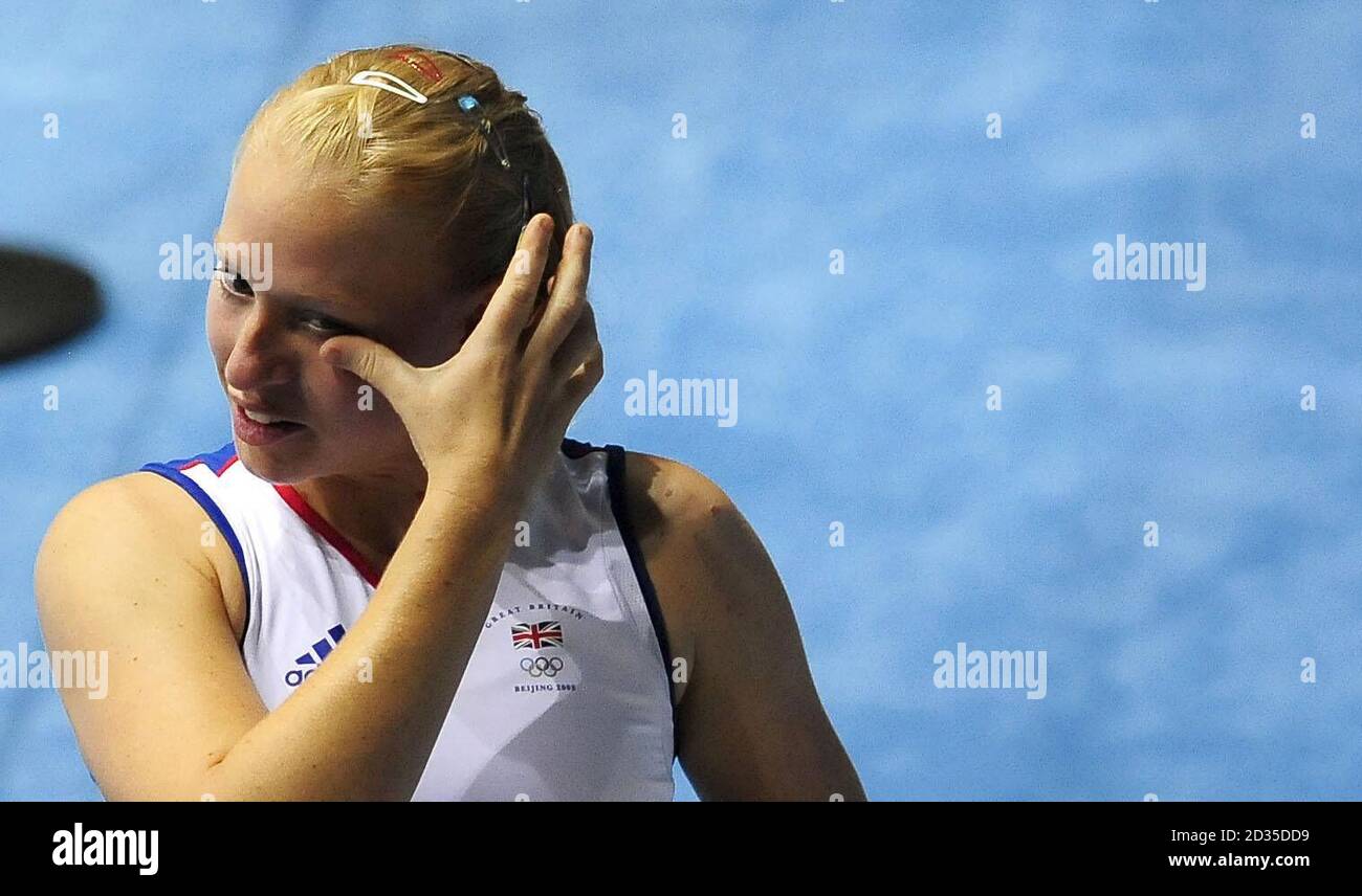 Great Britain's Gail Emms after she was knocked out of the Badminton competition with team mate Nathan Robertson at Beijing's University Of Technology Gymnasium during the 2008 Beijing Olympic Games in Beijing, China. Stock Photo