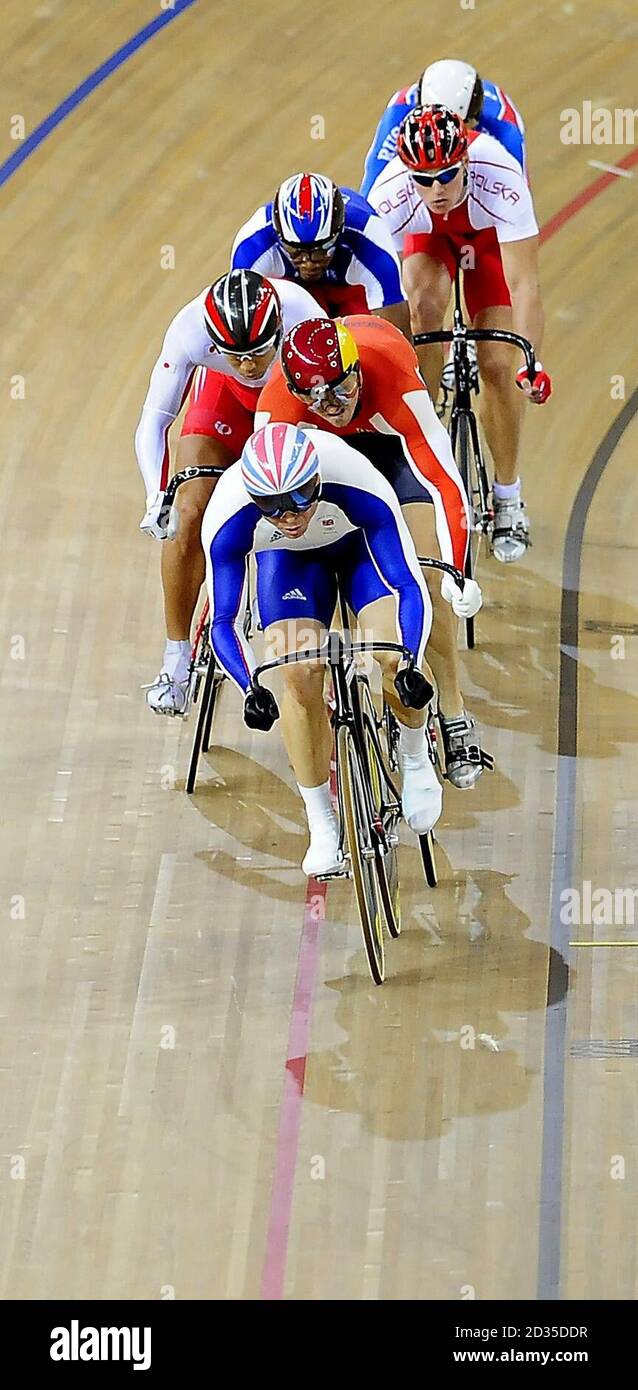 Great Britain's Chris Hoy wins his heat in the Keirin at the Laoshan Velodrome during the 2008 Beijing Olympic Games in China. Stock Photo