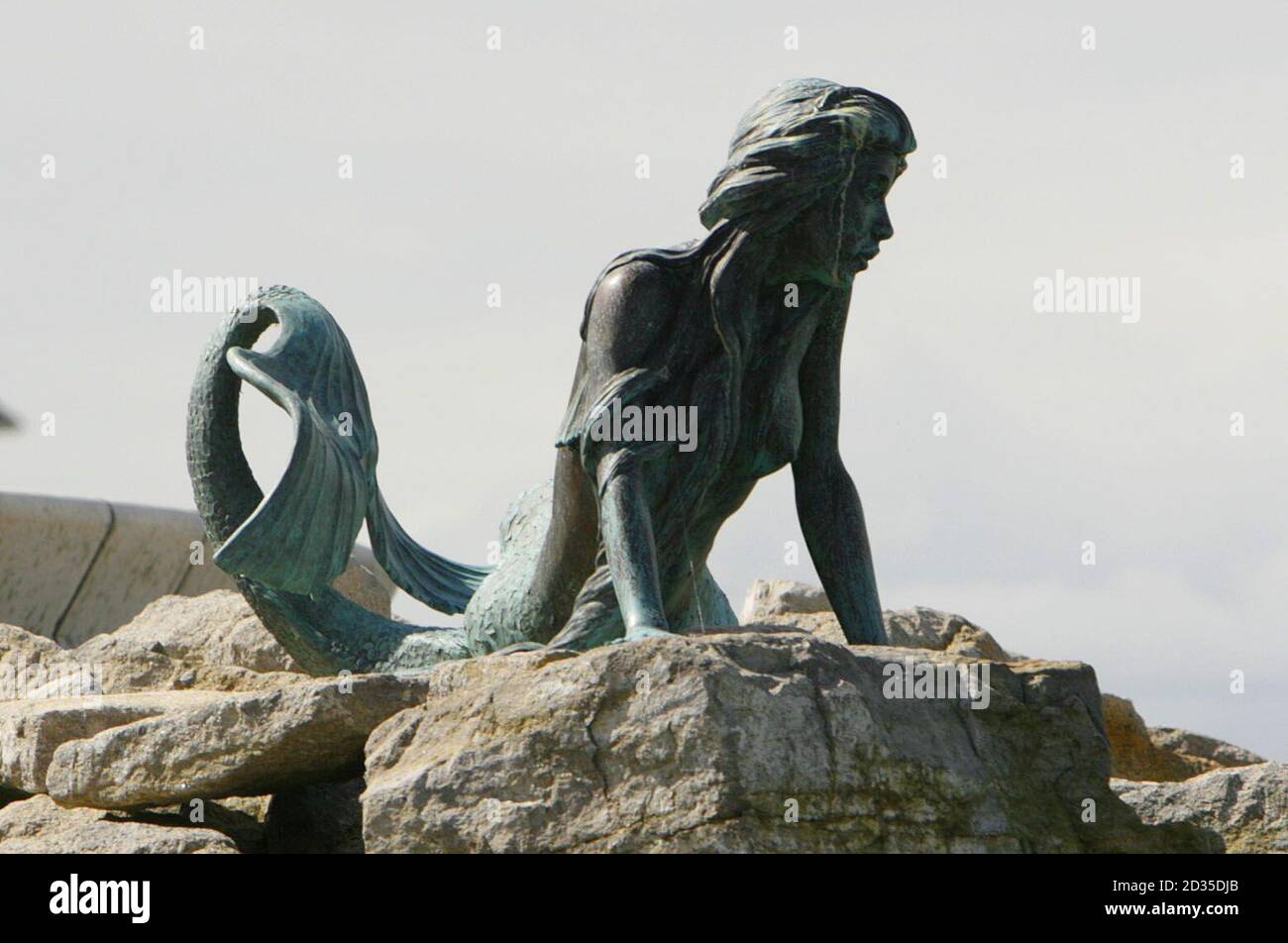General view of the mermaid sculpture on the rocks of the breakwater at the Royal Yacht Squadron in Cowes on the Isle of Wight. It was modelled on the former Olympic swimmer Sharron Davies. Stock Photo