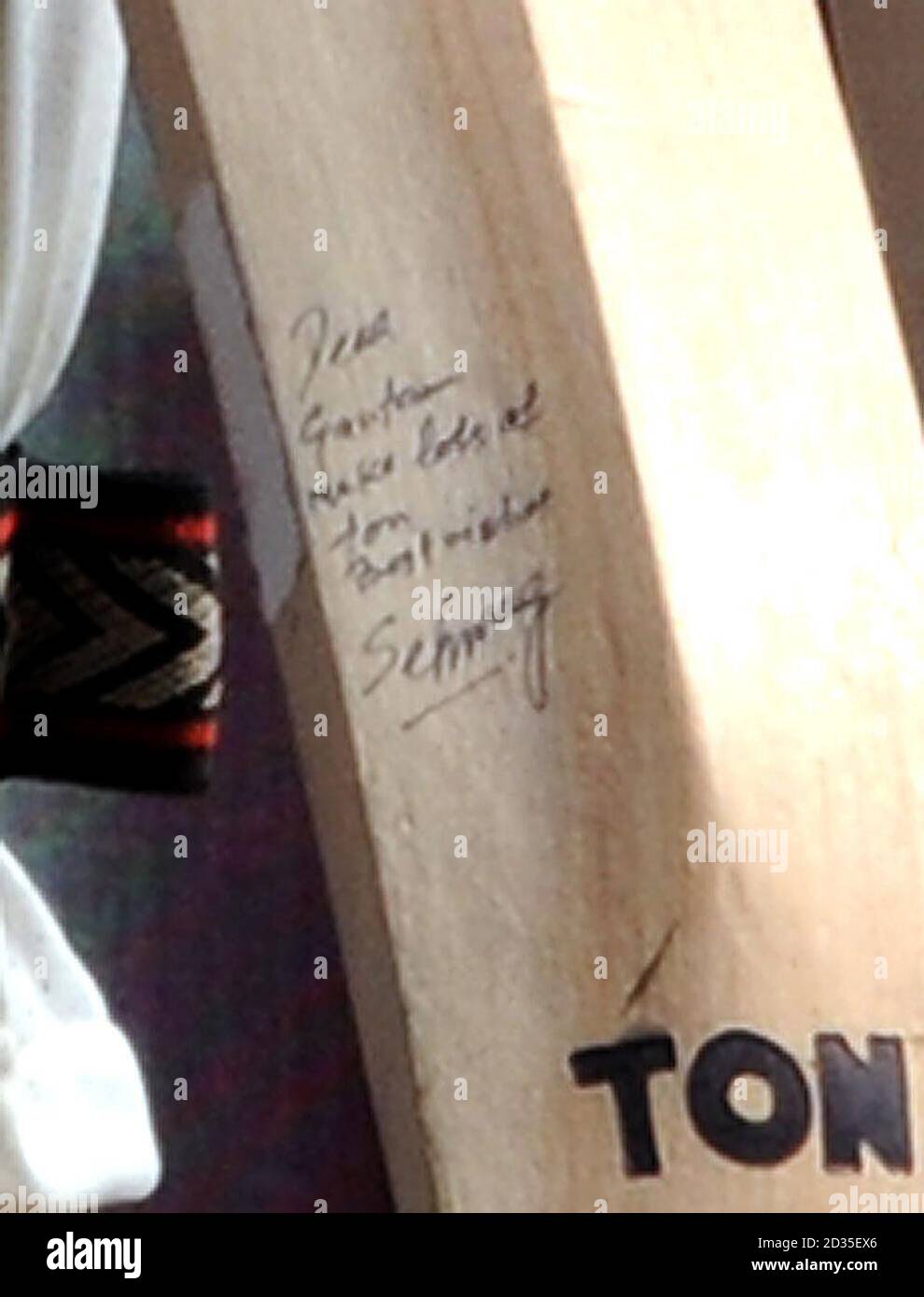 A good luck message written on India's Gautam Gambhir's bat reads 'Dear Gautam, make lots of ton, best wishes Sehwag during the fifth day of the First Test Match at the M. A. Chidambaram Stadium in Chennai, India. Stock Photo