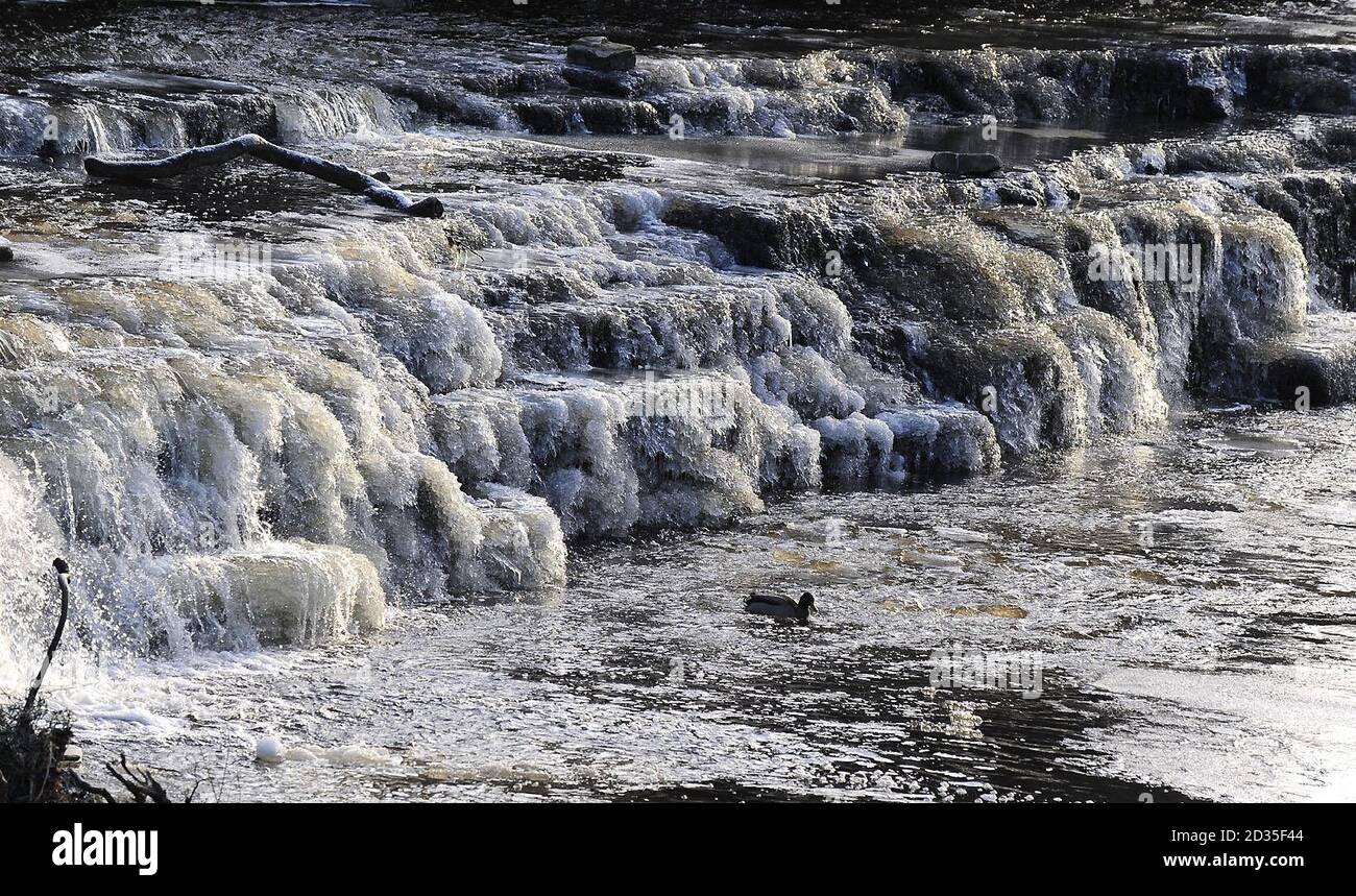 A frozen waterfall at Bainbridge in Wensleydale as the cold spell continues. Stock Photo
