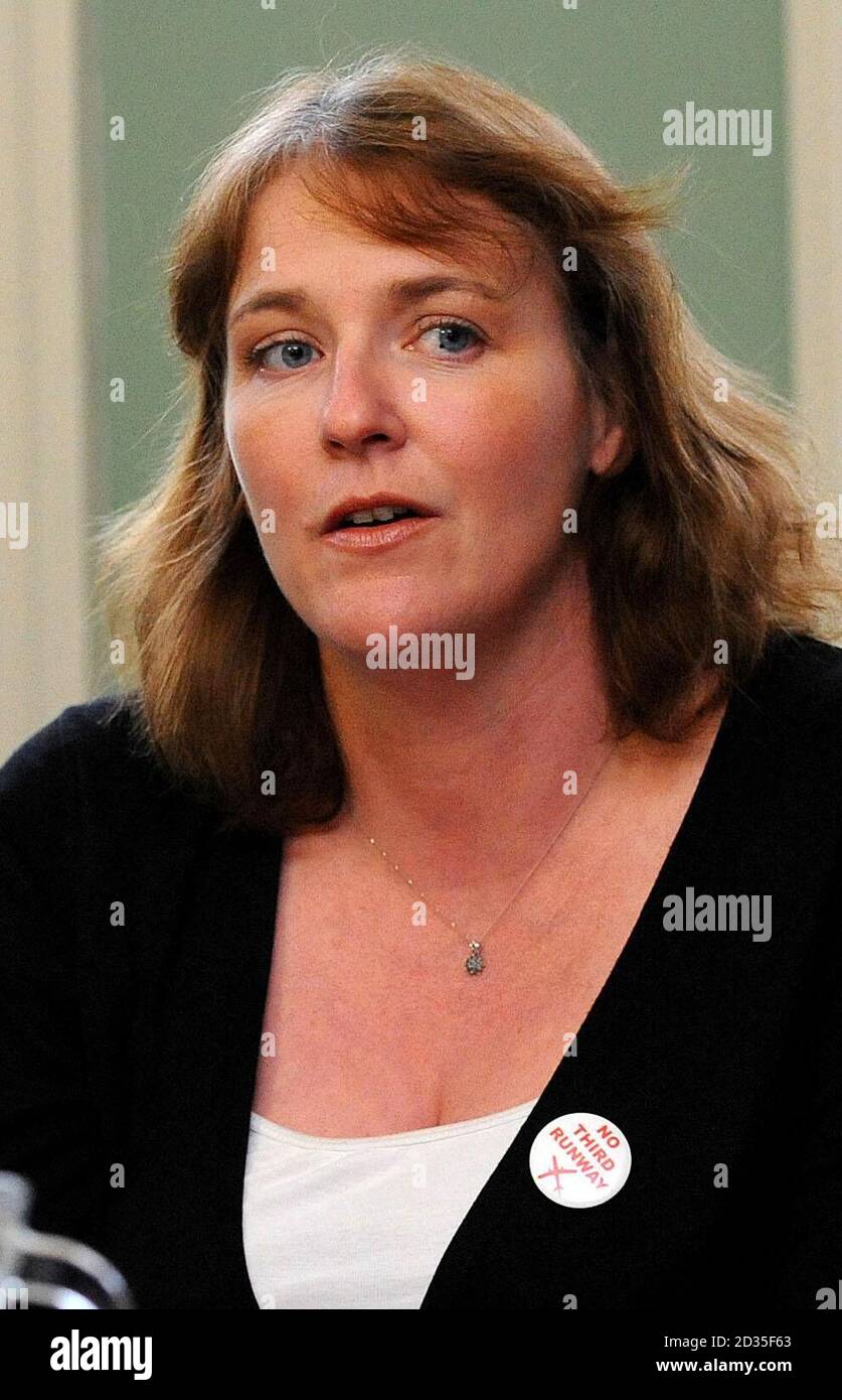 Geraldine Nicholson, of the No Third Runway Action Group, addresses a news conference in London following the announcement from Transport Secretary Geoff Hoon that a 9 billion expansion will go-ahead at Heathrow airport.  Stock Photo