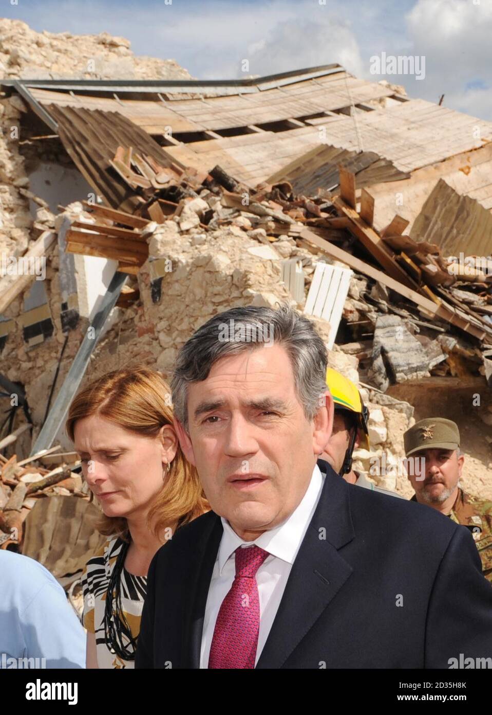 Prime Minister Gordon Brown and his wife, Sarah Brown visit the ruined village of Onna near L'Aquila, Italy which was at the epicentre of the earthquake which struck the region on April 6, 2009. Stock Photo