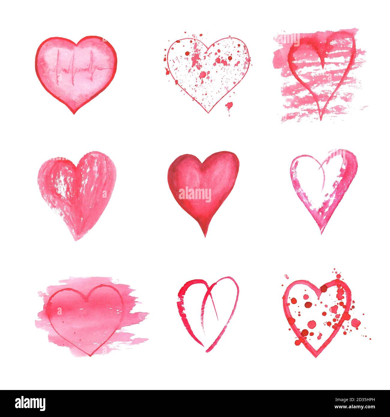 Set of watercolor hand drawn hearts on white background . Sketch style ...