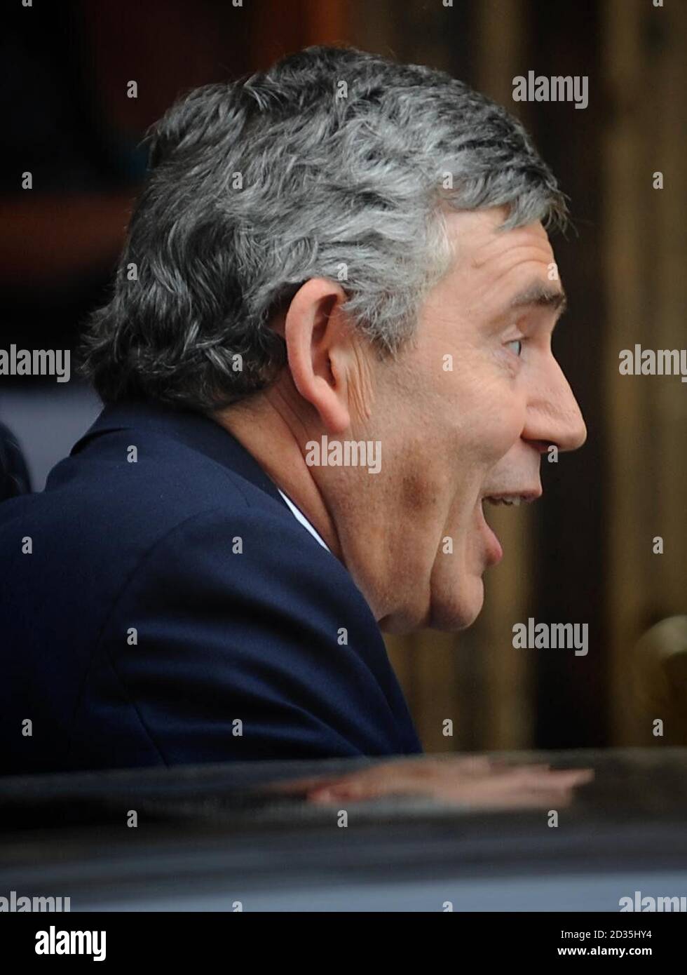 Prime Minister Gordon Brown leaves the International Institute for Strategic Studies in London, delivered a robust defence of the bloody struggle in Afghanistan after the shock protest resignation of a Government aide. Stock Photo