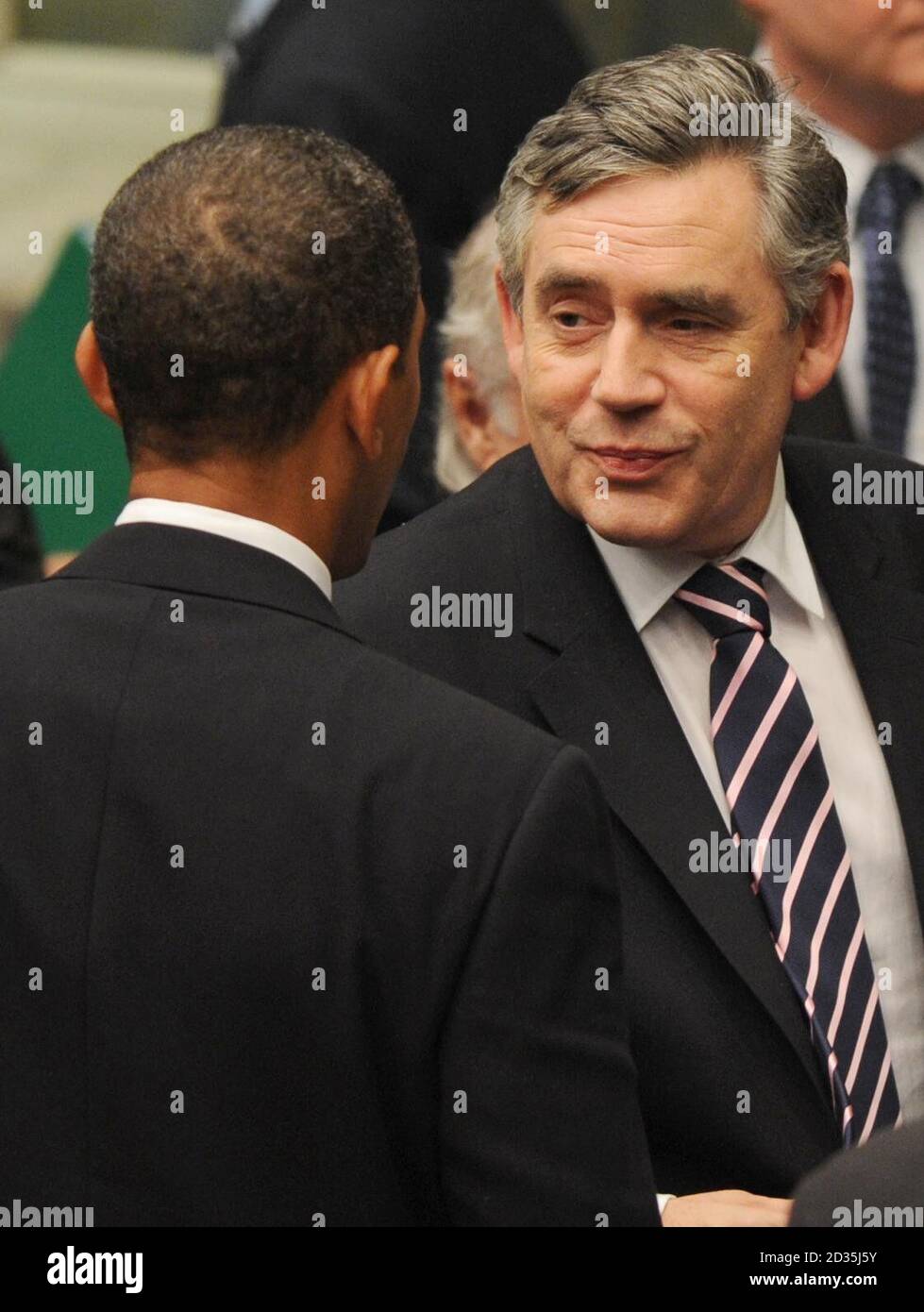 US President Barack Obama and Britain's Prime Minister Gordon Brown leave the UN Security Council in New York. Stock Photo