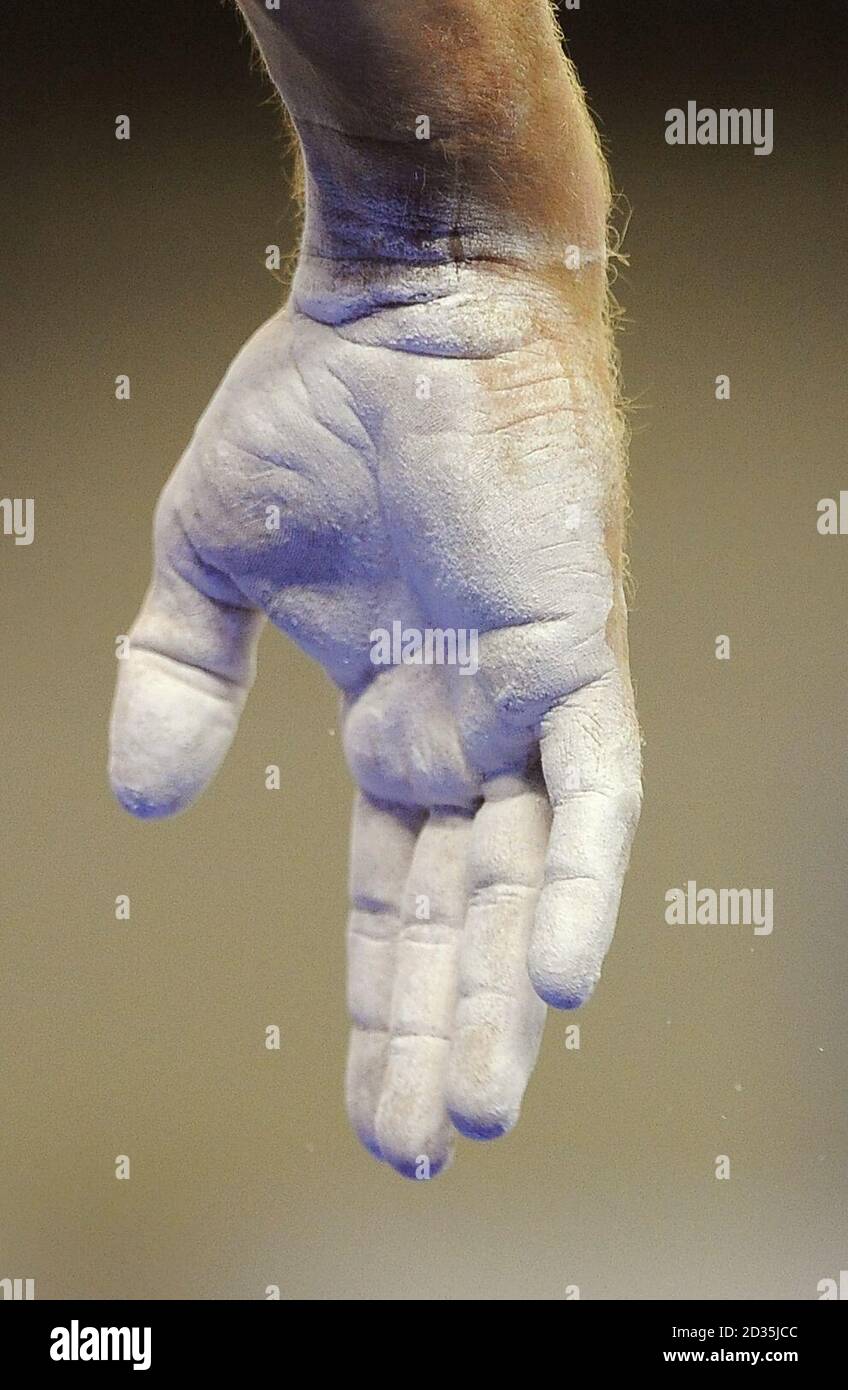Chalk on a gymnasts hand during the Gymnastics World Championship at the 02 Arena, London Stock