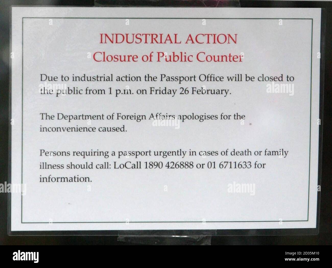 A notice on the door of the Passport office in Dublin as services at 64