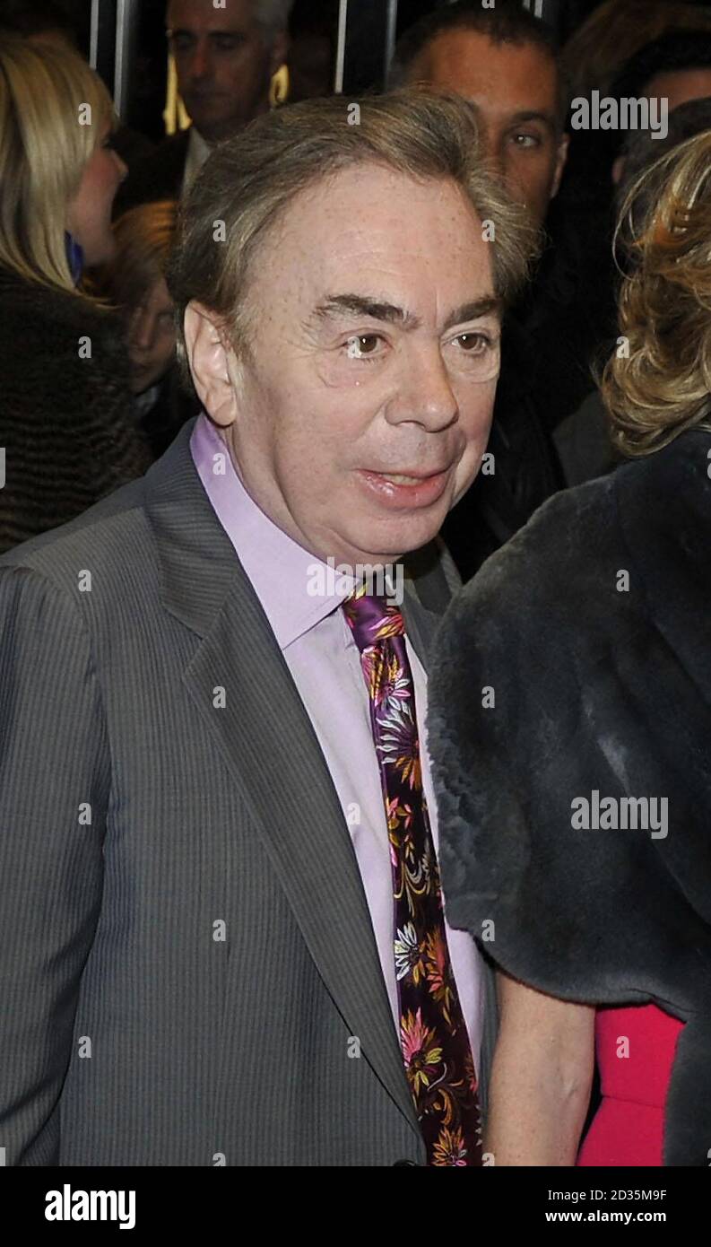 Lord Andrew Lloyd Webber arrives for the world premiere of his new production, Love Never Dies - the follow-up to The Phantom Of The Opera, at the Adelphi Theatre, London.  Stock Photo