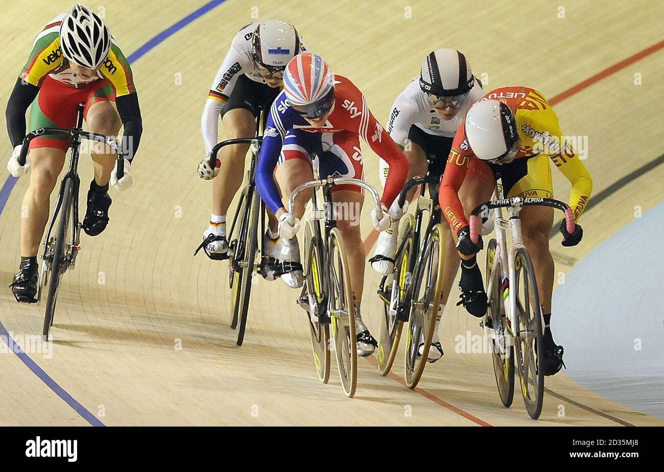 Great Britain's Victoria Pendleton races Lithuania's Simona Krupeckaite (right) in the Keirin final during the World Track Cycling Championships at the Ballerup Super Arena, Copenhagen, Denmark. Stock Photo