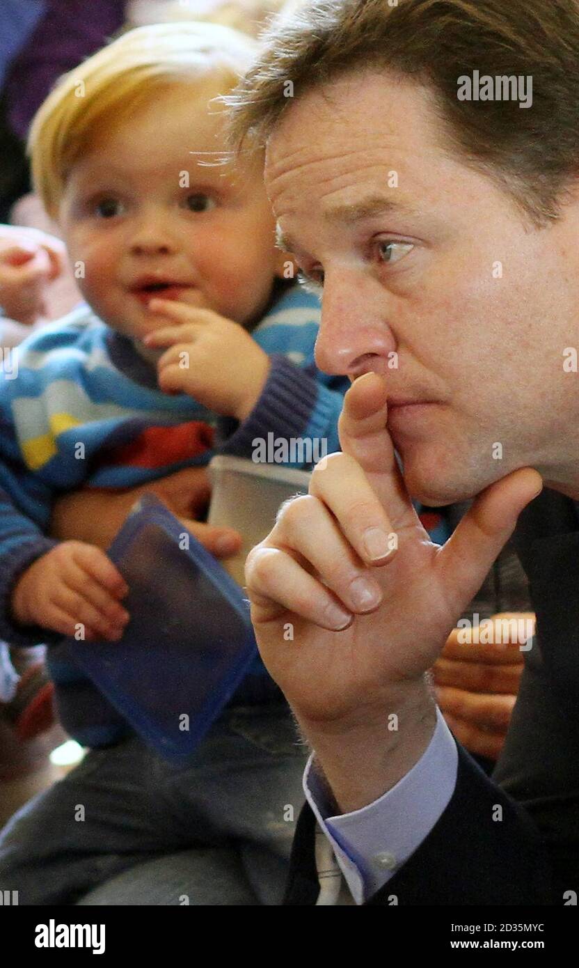 Liberal Democrat Leader Nick Clegg talks to members of the Infant, Mother and Pre School group during a General Election campaign visit to the Community Church at Greenway in Bristol ahead of tonight's leaders debate. Stock Photo