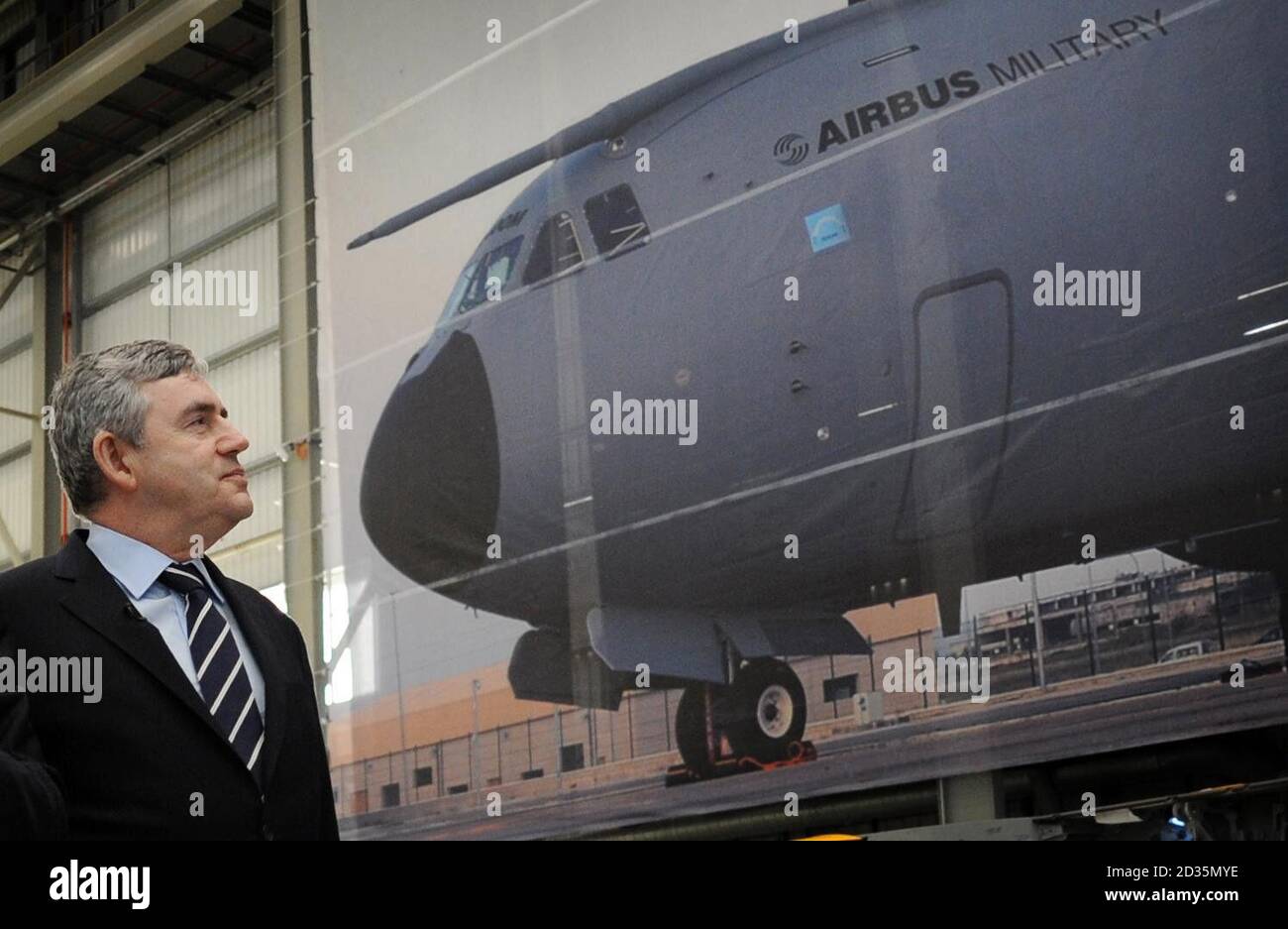 Prime Minister Gordon Brown speaks to staff and apprentices at the Airbus factory in Filton near Bristol today where they build the new A400M Military transport aircraft, while on the General Election campaign trail. Stock Photo