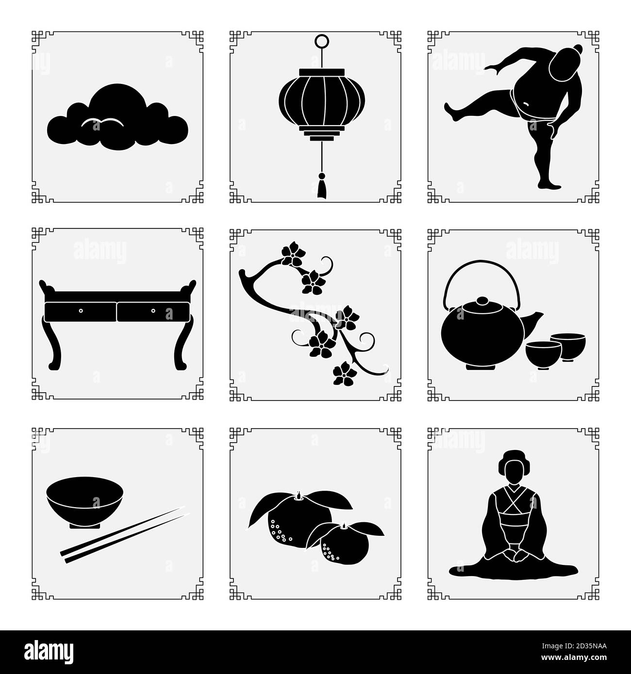 Symbols of Japanese culture. Japanese woman in kimono, tangerines, bowl