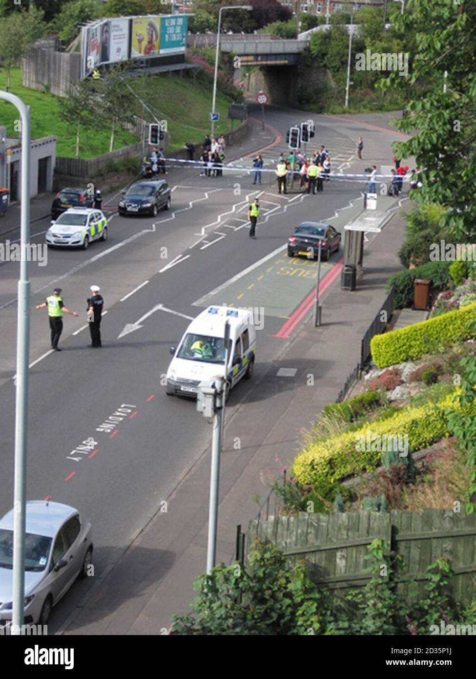 A general view of the scene where three primary school children, two boys and a girl, died in a suspected gas explosion in the Scottish capital today. The youngsters were killed in a blast at a block of flats in Edinburgh's Slateford Road which occurred just before 3pm. Stock Photo