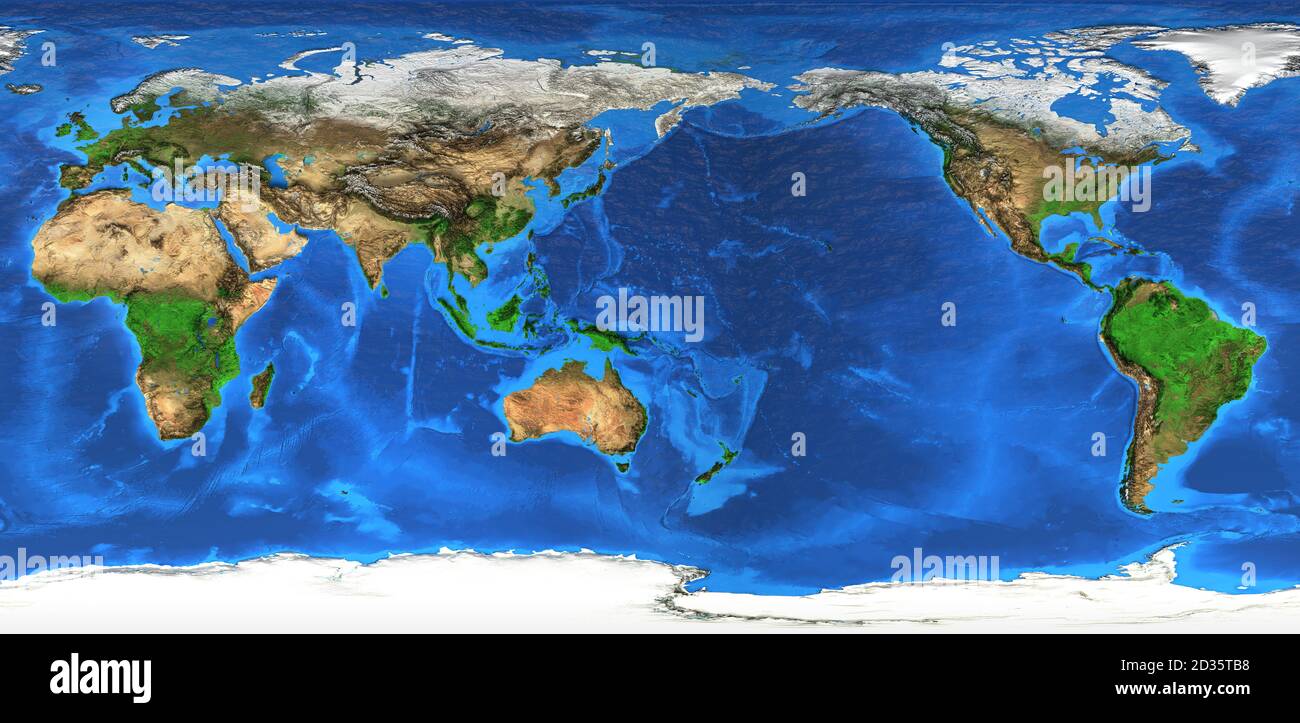 Detailed flat view of the Planet Earth and its landforms. Alternative view of world map. Planisphere in winter season. 3D illustration - Elements of t Stock Photo